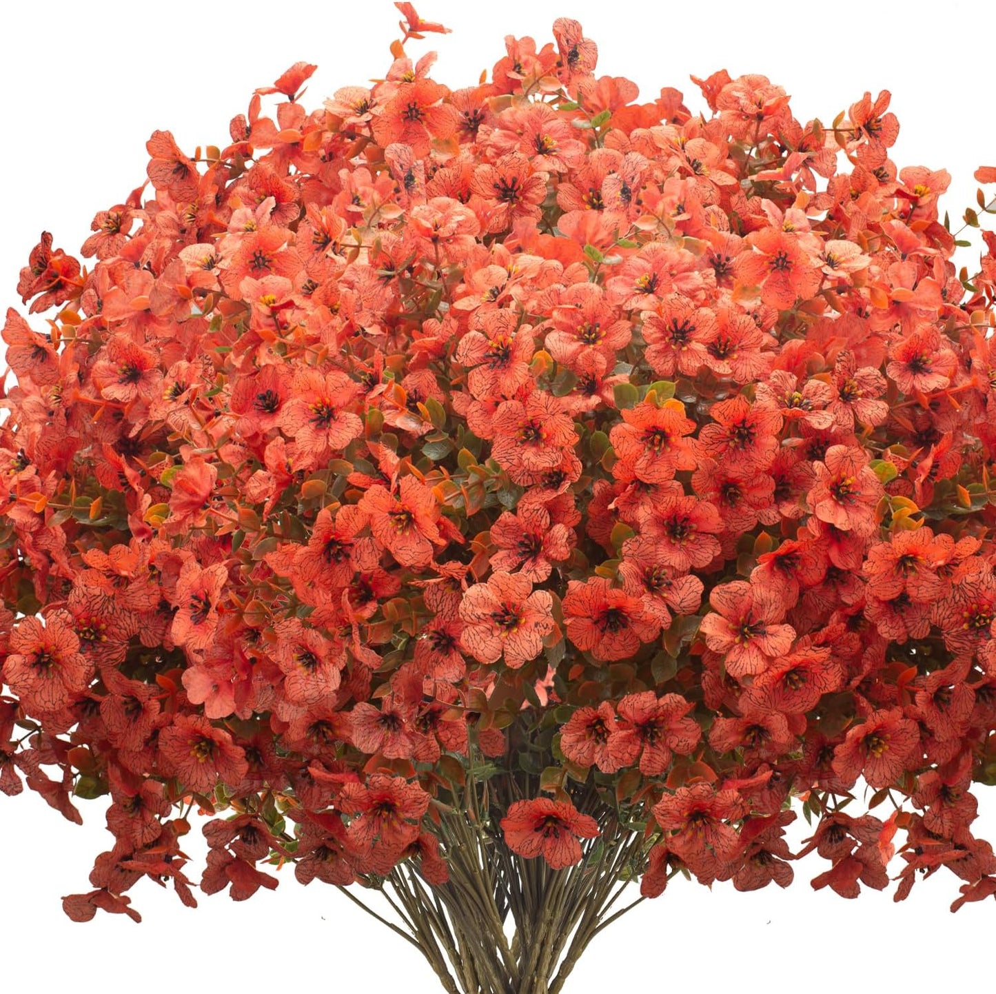 Fall Outdoor Artificial Flowers 16 Bundles - UV Resistant Faux Daisy with Eucalyptus Leaves, Weatherproof Fake Plants for Porch, Patio, Garden Decor, Indoor Outdoor Decor (Fall Orange Red)