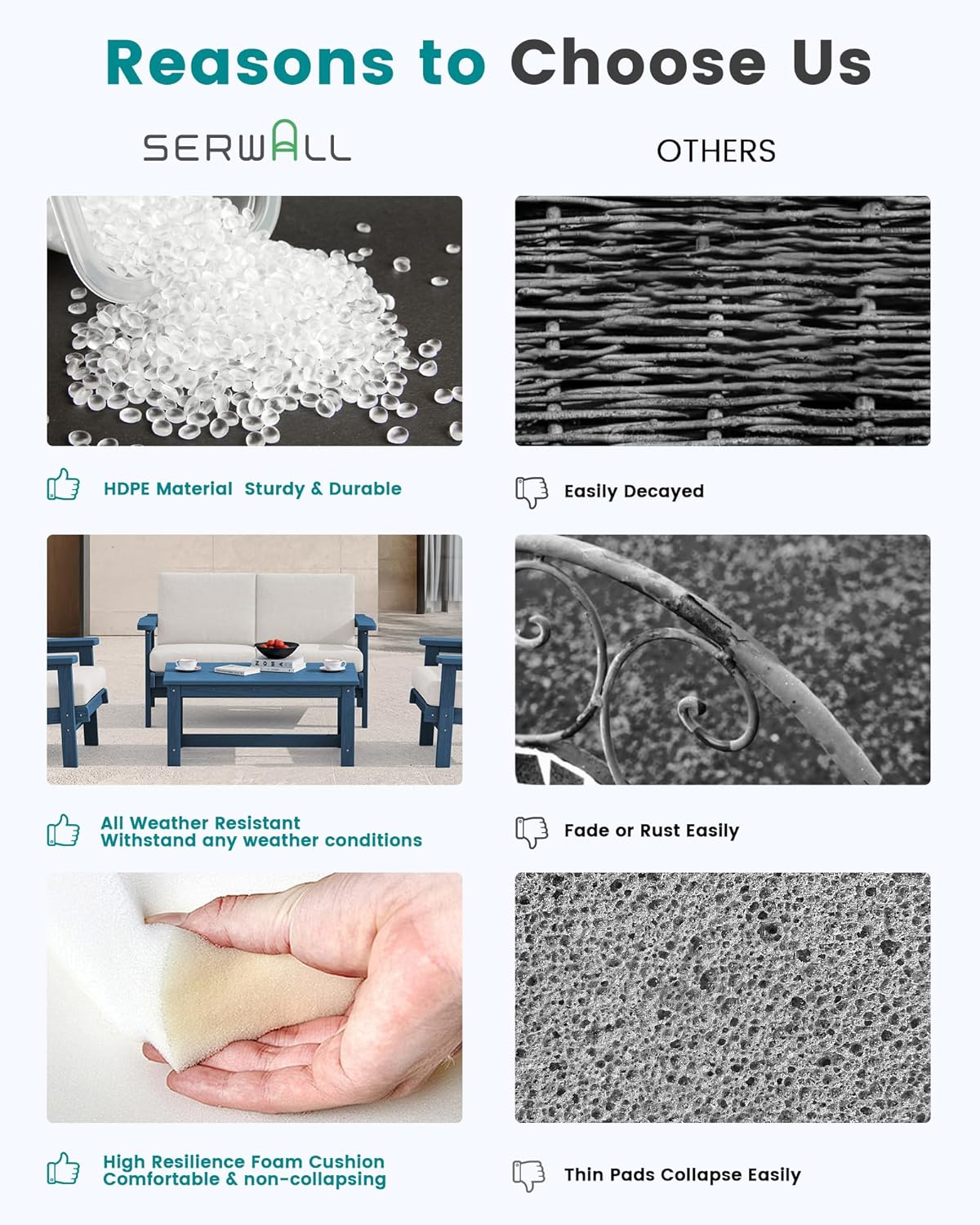 SERWALL HDPE Patio Furniture Set, 5 Piece All Weather Wood-Like Sectional Outdoor Furniture Set, Blue Patio Sofa Couch with Khaki Cushions for Deck, Lawn