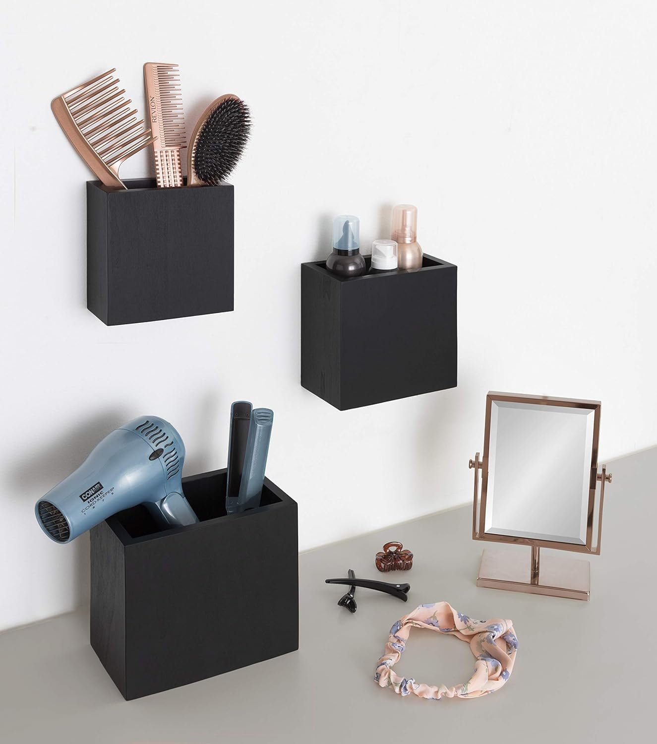 Kate and Laurel Domio Wall Hanging Planter Shelves, Set of 3, Black, Geometric Nesting Planter Collection