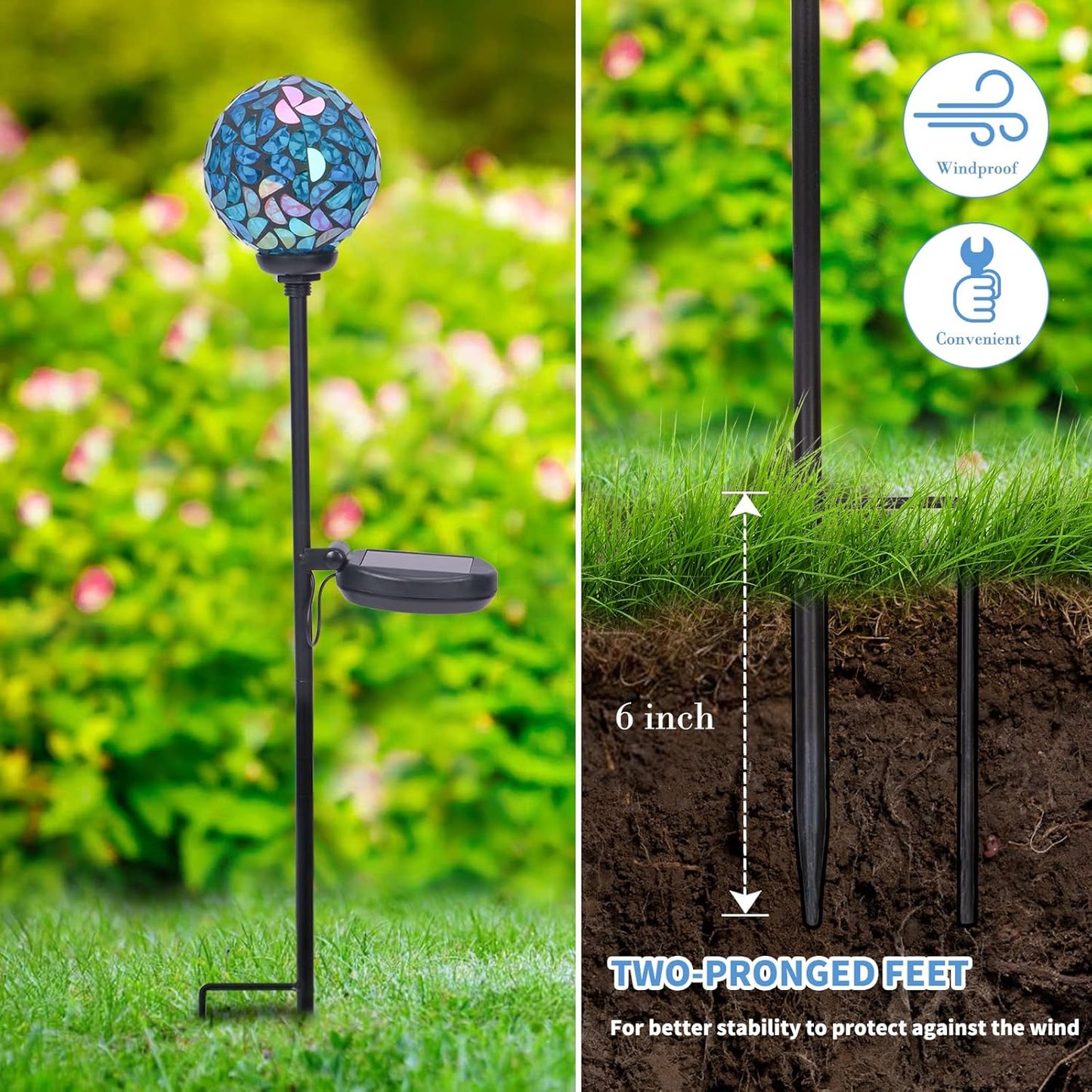 Afirst Solar Outdoor Lights Decorative Mosaic - Solar Garden Stakes Mosaic Gazing Ball Waterproof Outdoor Lights Stakes for Pathway Yard Lawn Decoration Navy Blue 2 Packs