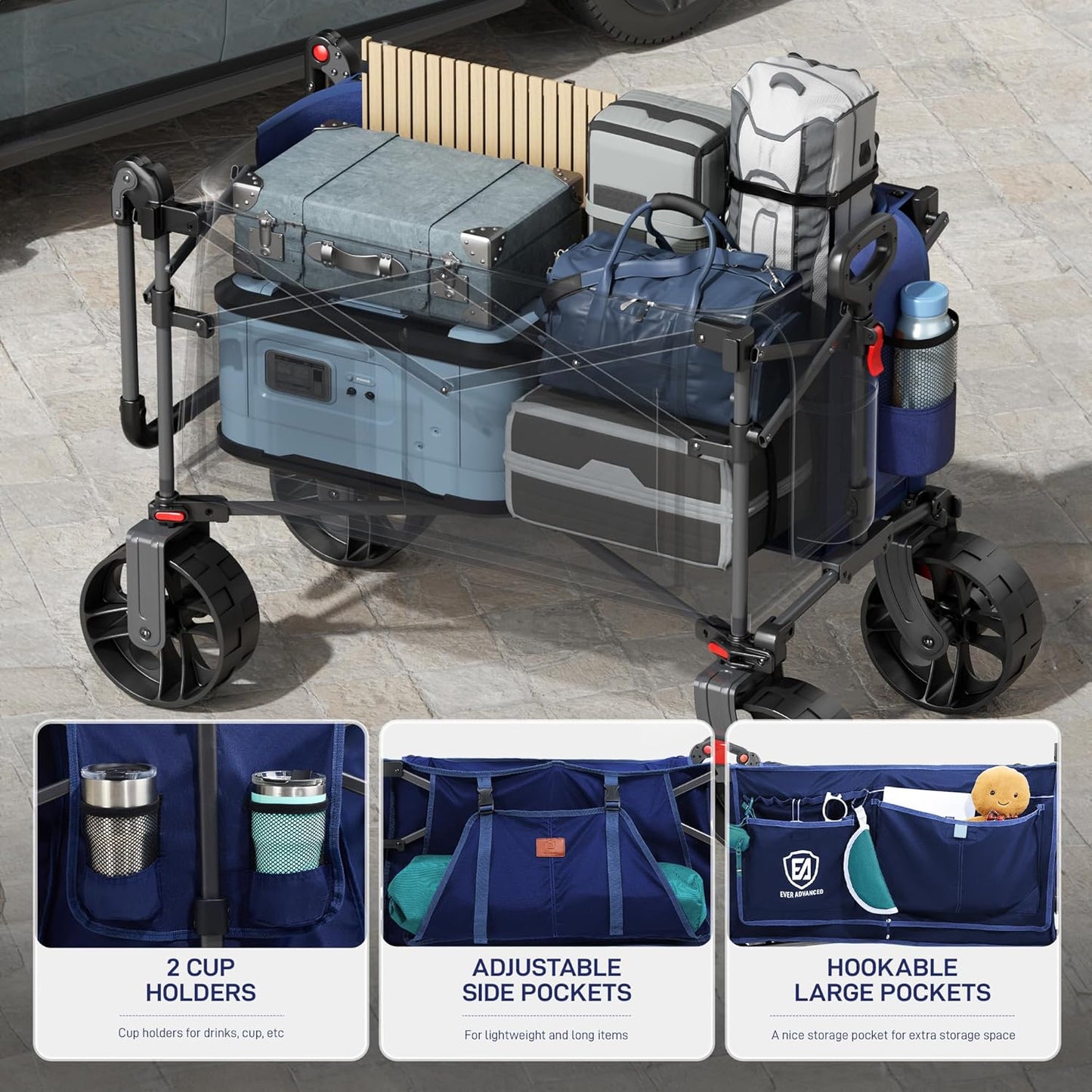 EVER ADVANCED Folding Push Wagon with Brakes, Portable Shopping Cart, Collapsible Wagon Cart with All-Terrain Big Wheels for Camping, Beach, Sports