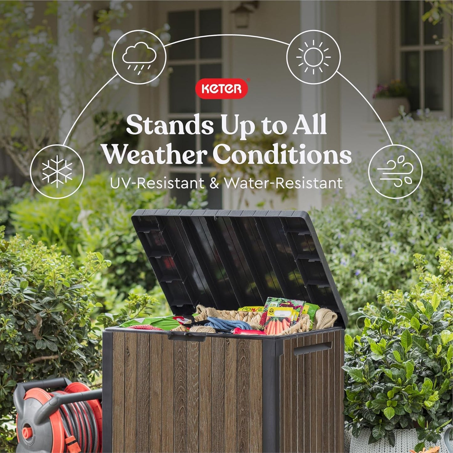 Keter Signature Everwood 30 Gallon Resin Outdoor Storage Box and Patio Furniture Side Table for Pool and Garden Accessories, Walnut