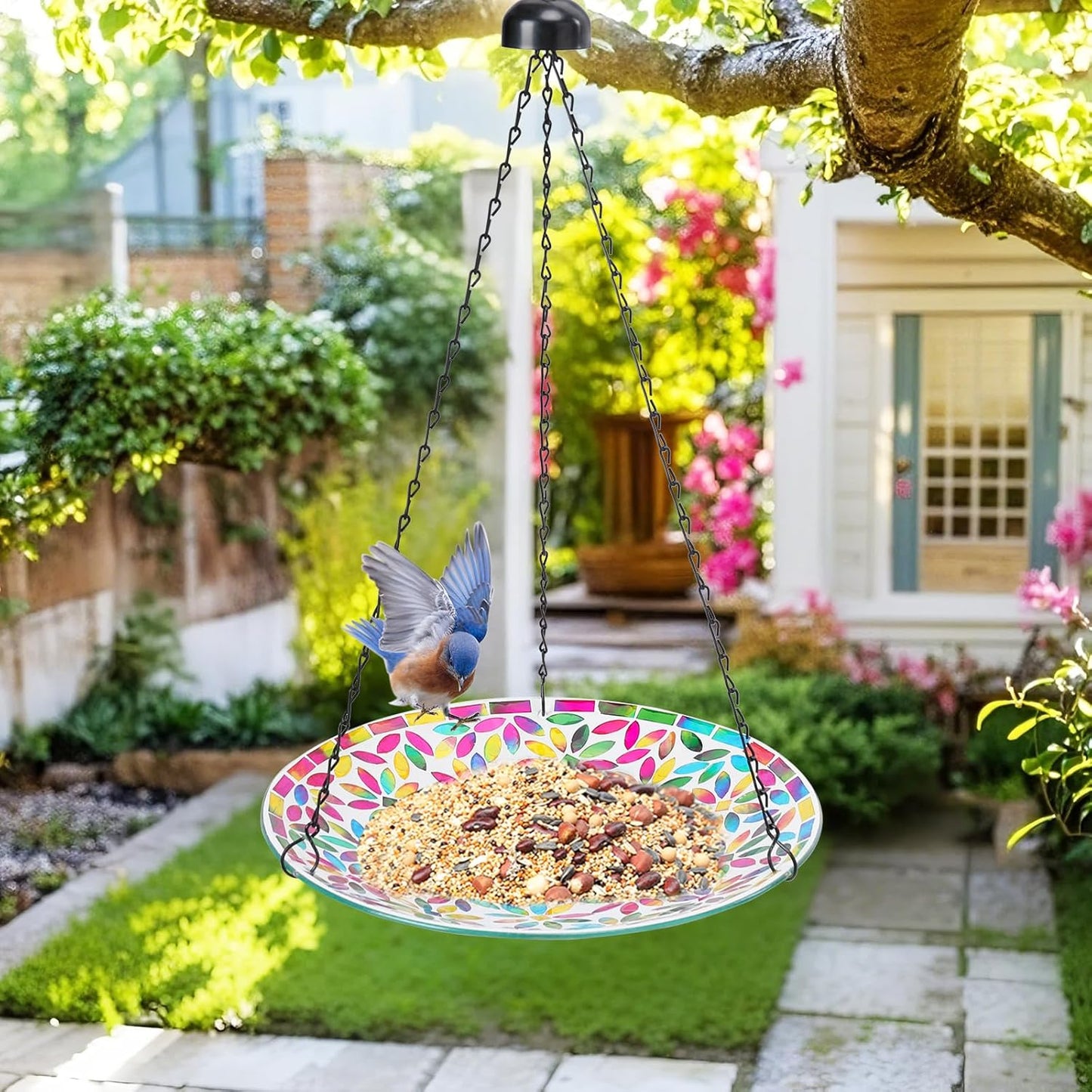 VCUTEKA Hanging Bird Bath, Glass Mosaic Bird Baths for Outdoors Birdfeeder with 21 inch Rust-Proof Chain for Garden Yard Decor