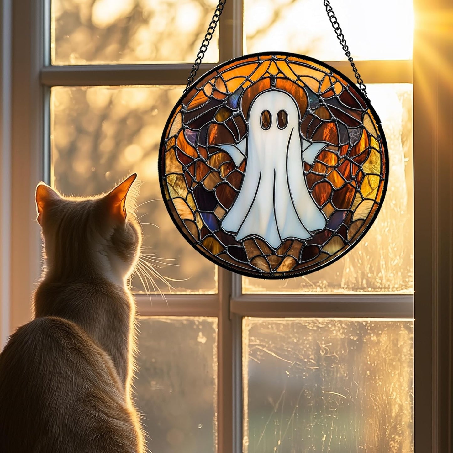Stained Glass Window Hanging Halloween White Horror Ghost 6.3" - Suncatcher Door Garden Kitchen Sun Catcher Home Gothic Decor Birthday for Mom Men Woman Friend Grandma