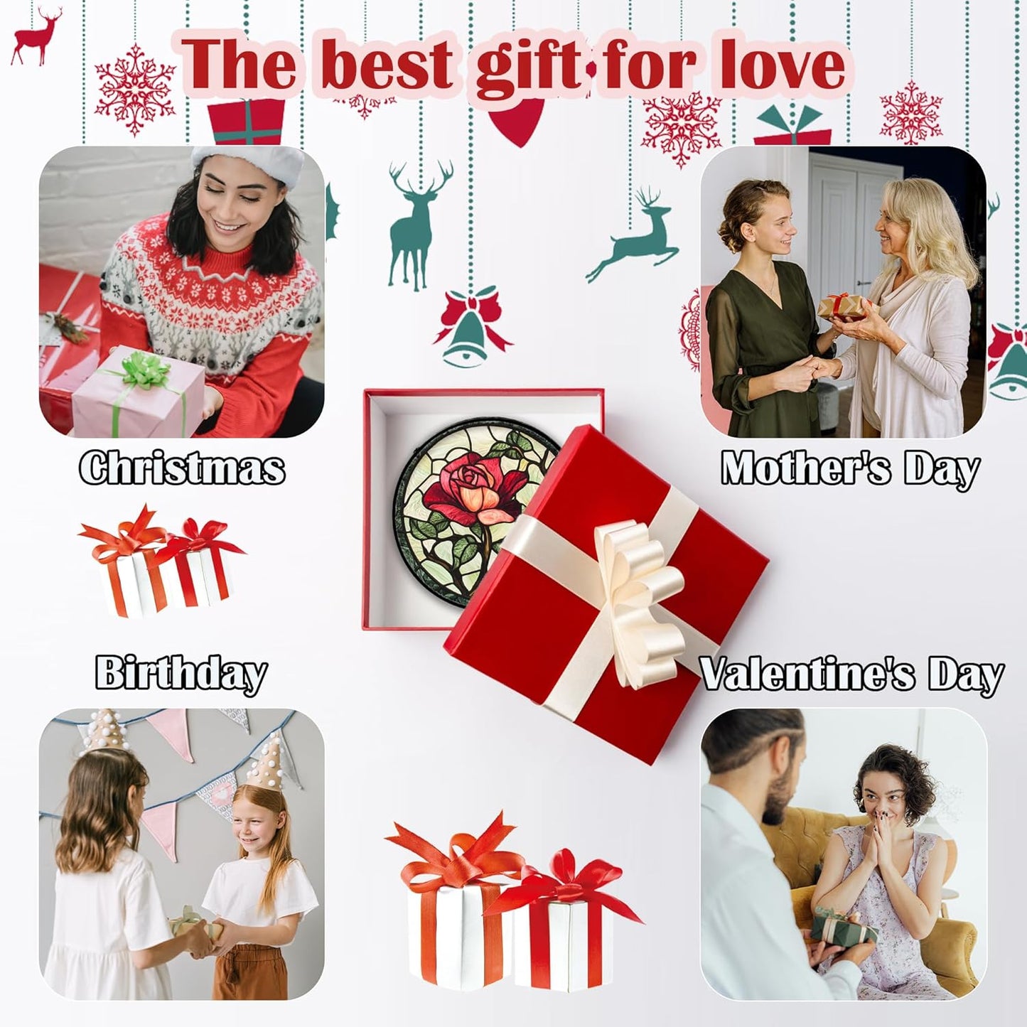 Stained Glass Window Hanging, Red Rose Flowers Sun Catcher for Door Garden Home Decor Suncatcher Christmas Mother's Day Birthday Gifts for Women Lovers Men Wife Girlfriend Mom Nana 9.8 in