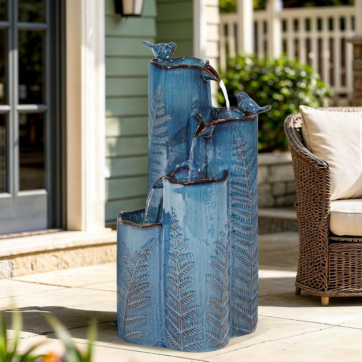 32" Tall Outdoor Fountain, Ceramic Vase Water Fountain withs Lights, 4-Tier Waterfalls with Birds, Tranquil Oasis for Garden Patio Yard Deck Balcony Decor, Tropical Fern, Turquoise Glaze