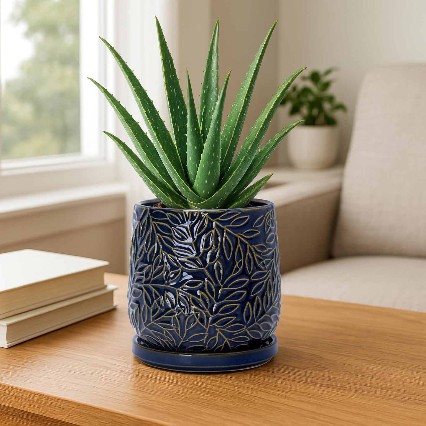 D'vine Dev 5 Inch Embossed Leaves Stoneware Planter Pot with Drainage Hole and Saucer, Midnight Blue, Set of 2, 27-F-V-3