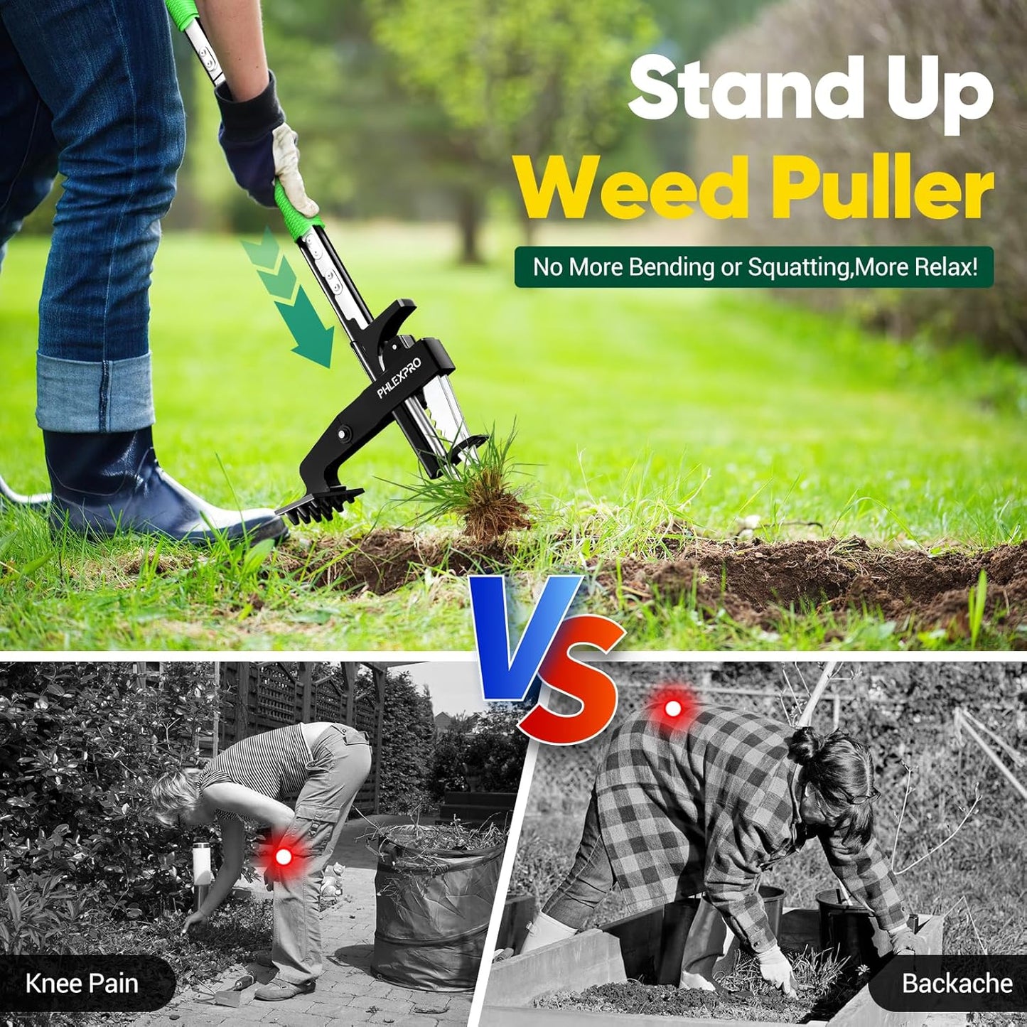 Stand Up Weeder Puller, 4-Claws Gardening Weeding Tools - Phlexpro 2025 New Upgraded Back-Saver 39.3" Long Handle Weed Puller Dandelion Remove Tool for Garden/Lawn/Patio/Farm Use