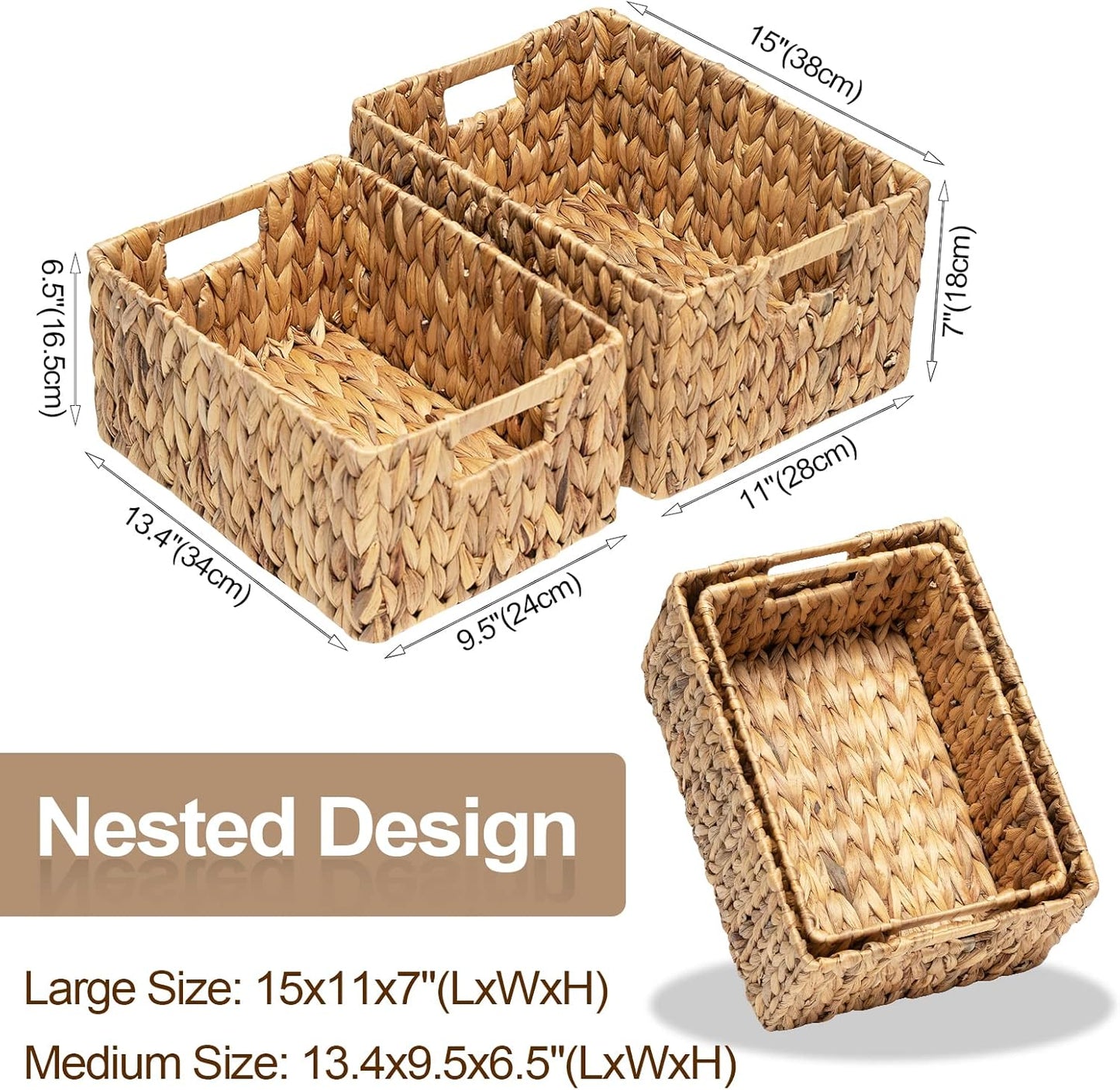 FairyHaus Wicker Baskets 15x11x7 & 13.4x9.5x6.5, 2 Pack Handmade Big Wicker Storage Basket with Handles, Natural Water Hyacinth Wicker Baskets for Storage Shelves Organizing, Rectangle Wicker Basket