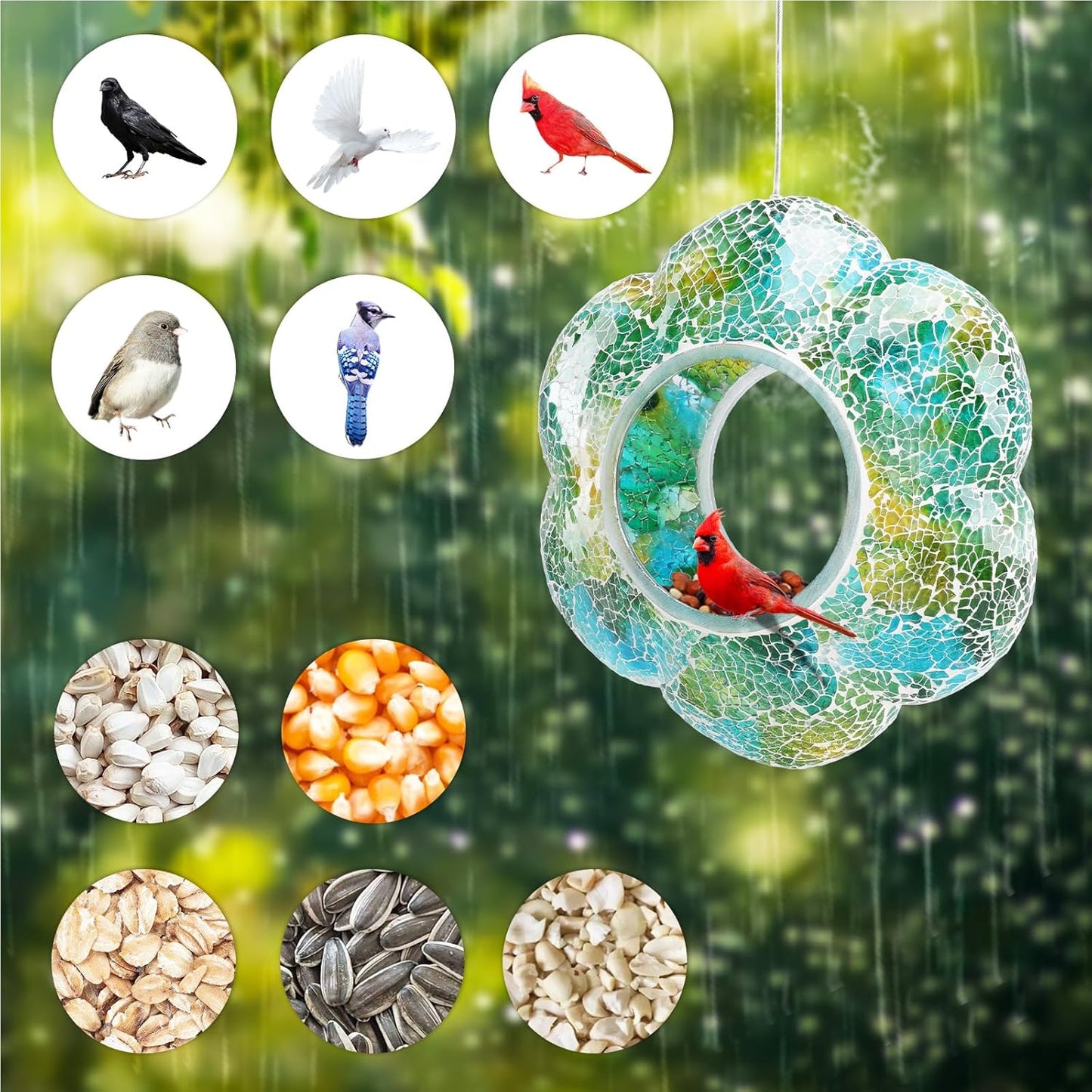 Yinns 9 Inch Large Mosaic Bird Feeders for Outside Hanging Fly Through Bird Feeder with Flower Shape Glass Birdfeeder for Garden Decor