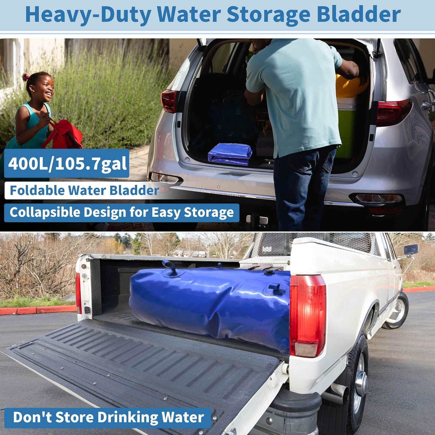 400 L/105.7 gal Water Storage Bladder Container Large Capacity Foldable Portable Water Tank Urgency Water Bladder Soft Water Bag RV Camping Garden Watering Field Irrigation 1000D