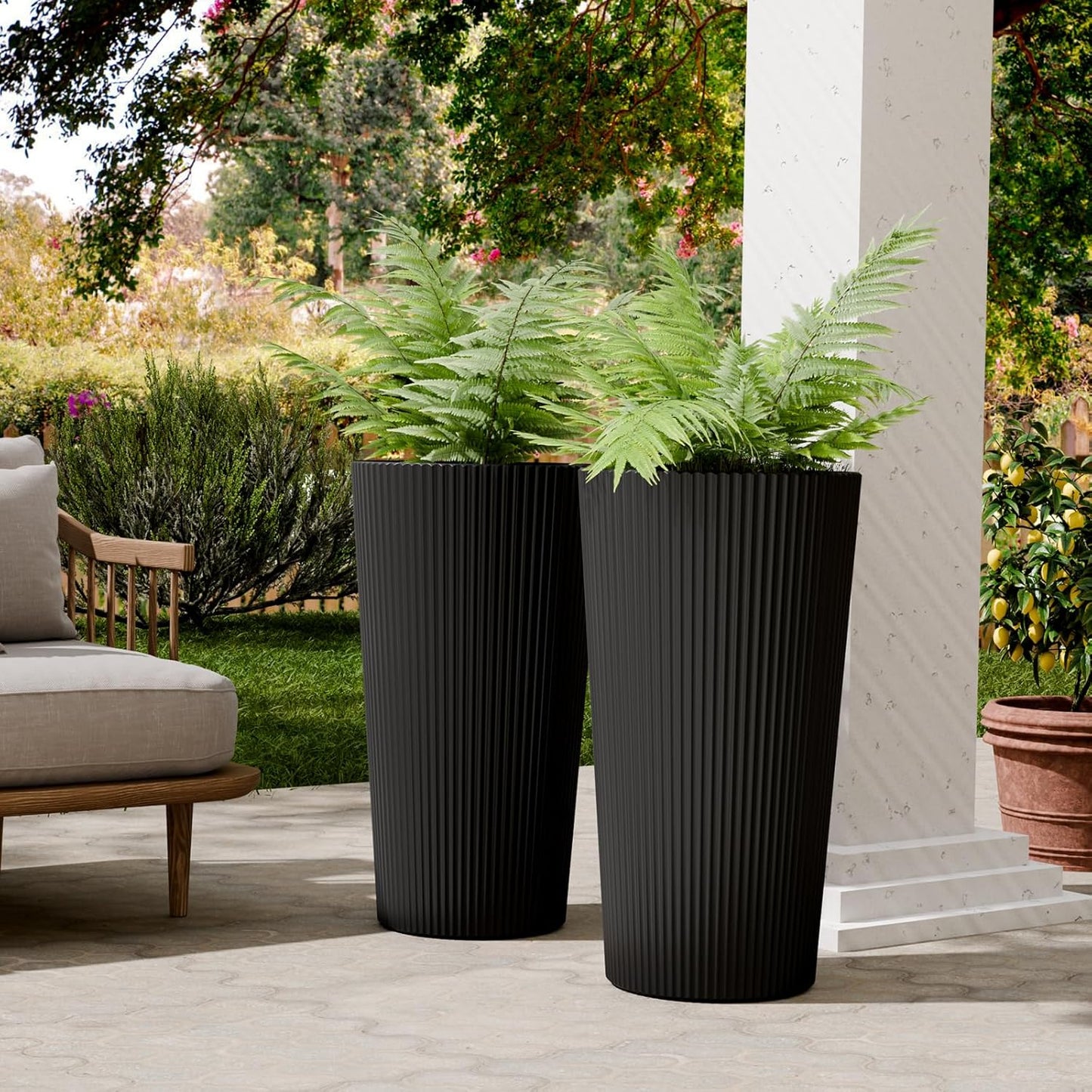 23.6" Tall Outdoor Planters, Set of 2 Large Plastic Flower Pots for Indoor & Outdoor Use, Modern Striped Decorative Garden Planters with Drainage Holes for Patio, Porch, Balcony, Black