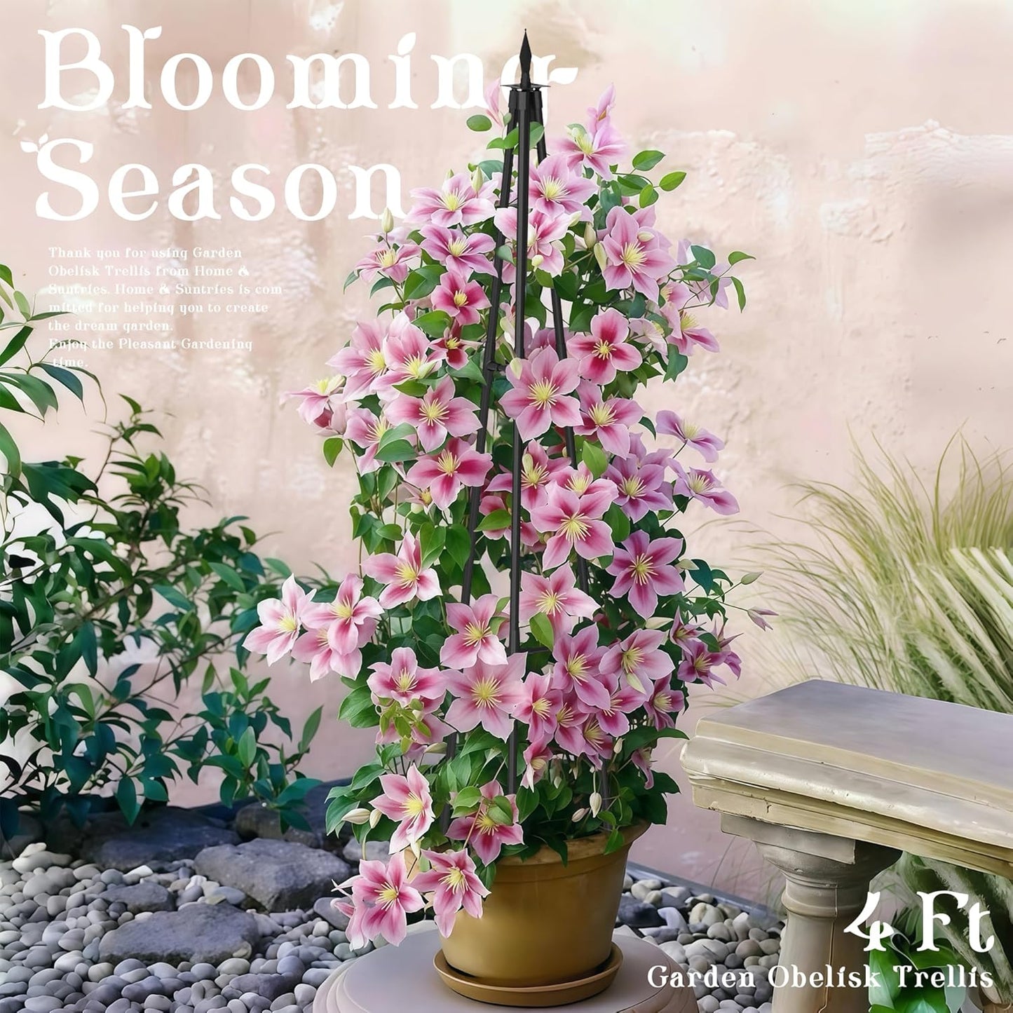 4FT Obelisk Trellis for Climbing Plants Outdoor, 16mm Rust-Proof Extra Thickened Plastic-Coated Metal Pipes, Indoor Climbing Support for Potted Plants, Vines, Flowers Stands,Black