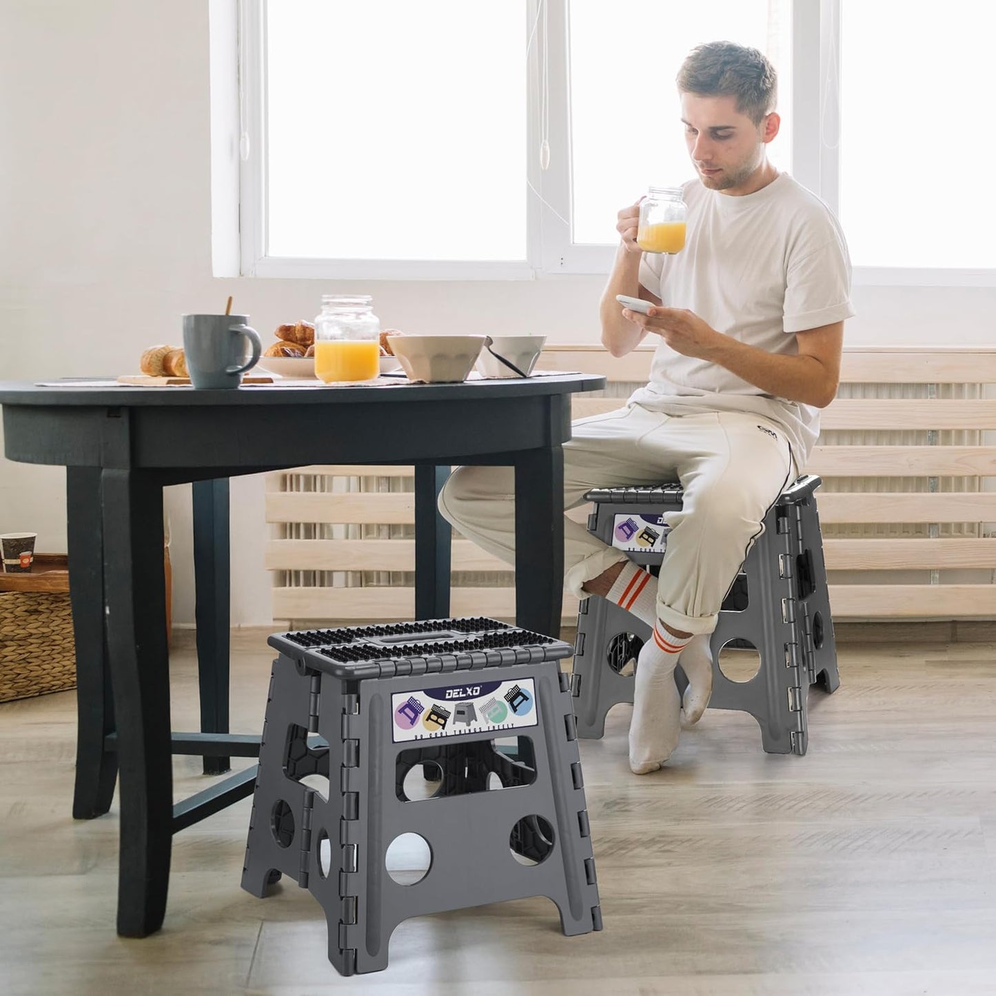 Delxo Folding Step Stool 13 inch Height Heavy Duty Foldable Step Stools for Adults and Kids,Kitchen Small Collapsible Fold Up Stepping Stool 1 Pack in Grey Dotted Texture