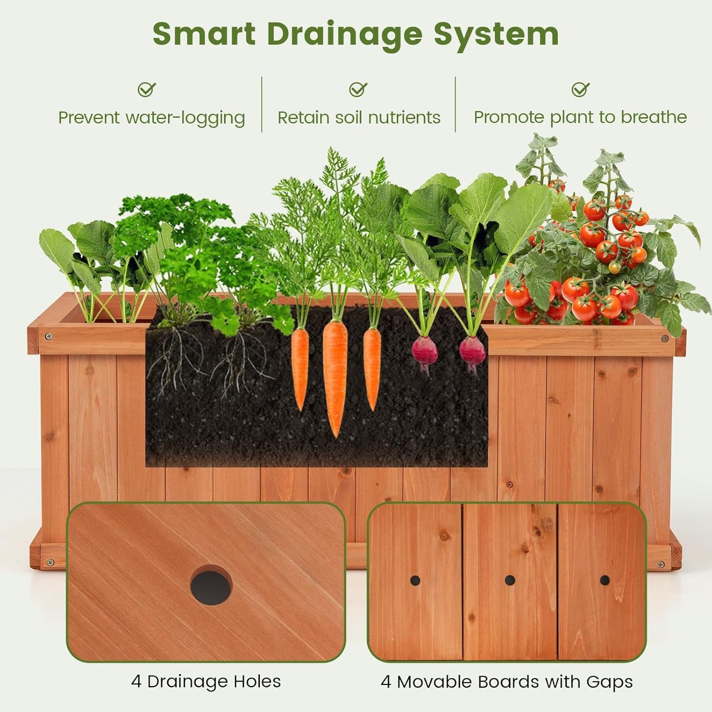 HAPPYGRILL Raised Garden Bed, Outdoor Elevated Flower Box w/ 4 Drainage Holes & Detachable Bottom Panels, Wood Planter Box for Vegetables Flowers Herbs & Fruits Growing, 31” x 14” x 12”