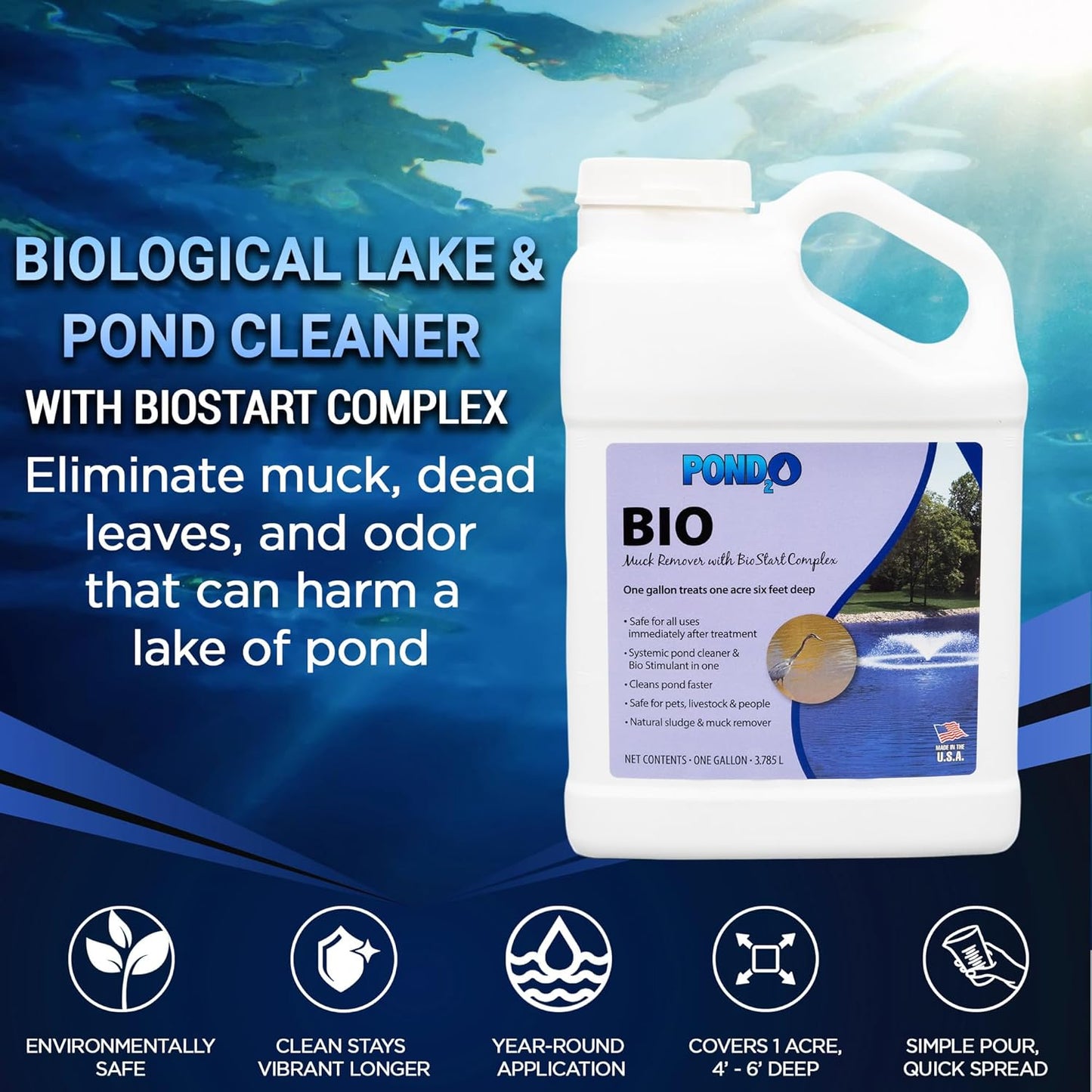 Pond Algae Remover with BioStart Complex – Pond Cleaner for Outdoor – Organic Waste & Buildup Reducer, 1 Gallon (Covers 1 Acre) – Made in USA