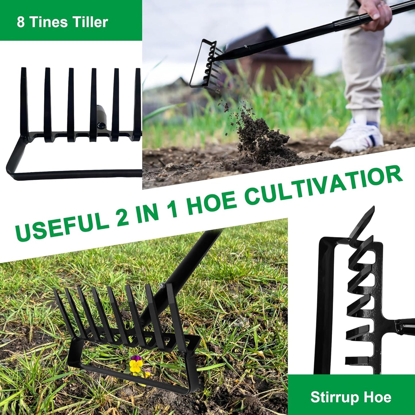 8-Tines Rake and Stirrup Hoe, Metal Garden Hula Hoes Tiller Rake Tool with Adjustable Long Handle, Action Scuffle Loop Hoe for Weeding, Digging, Loosening Soil