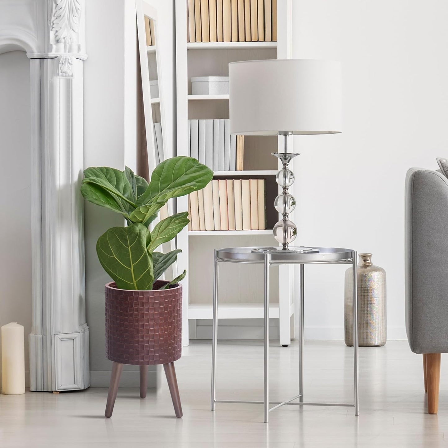 D'vine Dev 10 Inch Modern Geometric Tile Patterned Sleek Planter Pot with Stand, Indoor Outdoor Decorative Plant Holder, Espresso, 88-Z-B-6