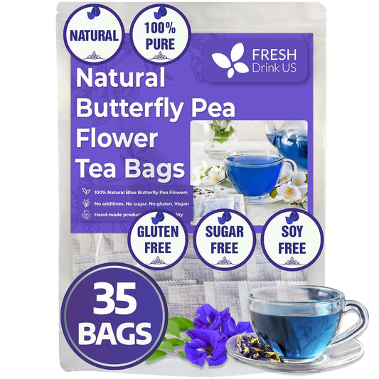 FreshDrinkUS, Premium 35 Butterfly Pea Tea Bags, 100% Natural and Pure from Butterfly Pea Flowers, Hand-made, Made With Natural Materials-Corn Fiber Tea Bag, Sugar/Caffeine/Gluten Free, Vegan