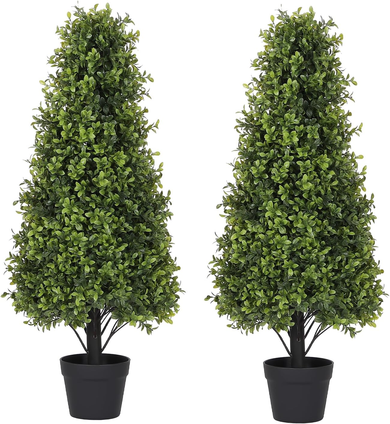 3ft Artificial Boxwood Topiary Trees (Set of 2) - UV Resistant Faux Plants Outdoor, Realistic 36" Fake Cone Bushes and Shrubs for Front Porch, Planter, Patio - Low Maintenance & Evergreen