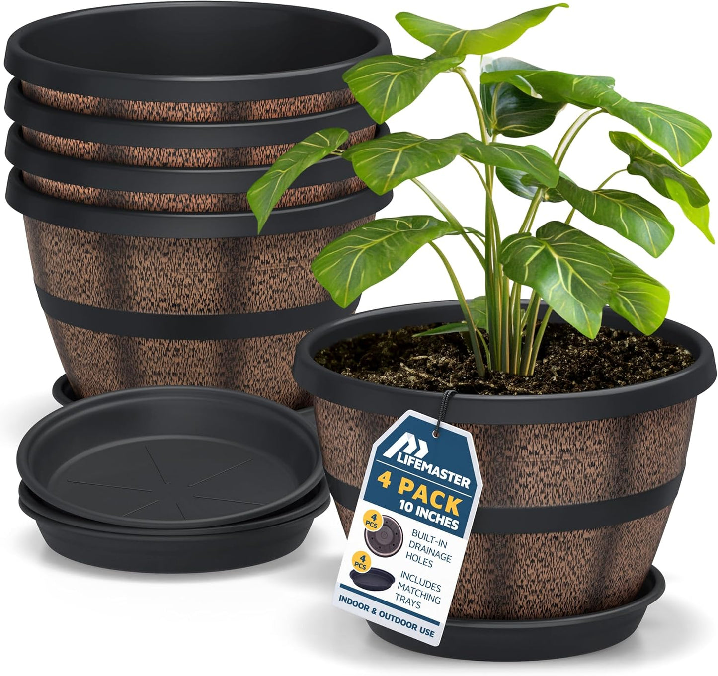 10-Inch Whiskey Barrel Planters Outdoor Pack of 4, Plastic Decoration Plant Pots for Indoor & Outdoor Use with Drainage & Saucer, Rustic Garden Planters for Flowers, Small Plants & Herbs