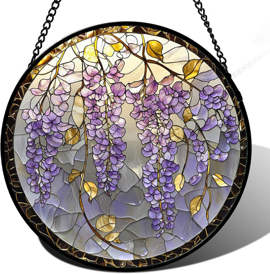 Stained Glass Window Hanging - Wisteria Flower Golden Leaves Sun Catcher for Door Home Decor Plant Suncatcher Christmas Mother's Day Birthday Gifts for Women Men Lovers Mom Nana 11.8 in