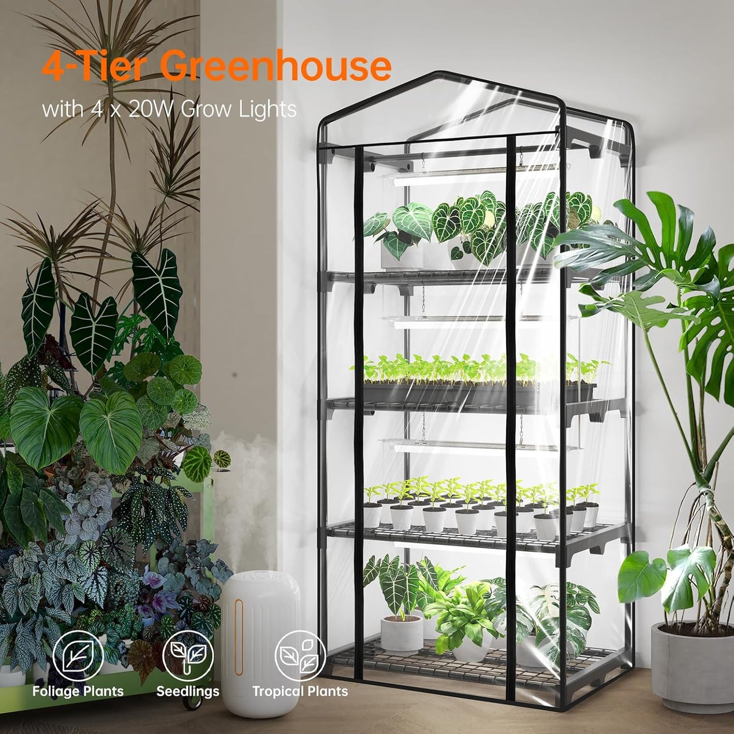Indoor Greenhouse with Grow Light, Mini Green House with 4 Pack 20W Full Spectrum Plant Lights with Timer, Plant Shelf with Tent for Indoor Plant, Seed Starting, Seed Tray, 27.2"x19.9"x61.8"