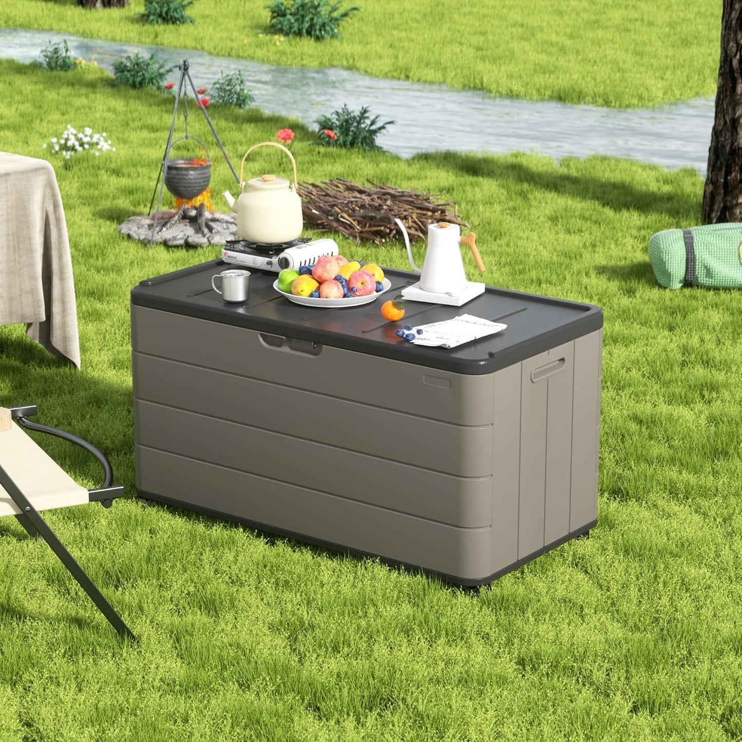 100GAL Brown Wicker-Textured Deck Box with Wheels – Lockable, Waterproof, UV-Resistant, Spacious Storage for Patio & Garden Supplies, Easy Handling