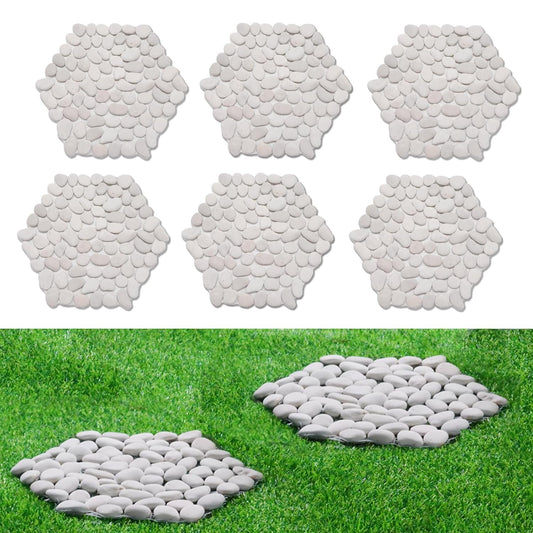 12 inch River Rock Stepping Stone - Pavers for Outdoor Garden Walkway, Landscaping - Polished Pebble Step Stones for Patio Yard Lawn Pathway, Set of 6 (Hexagon,White)