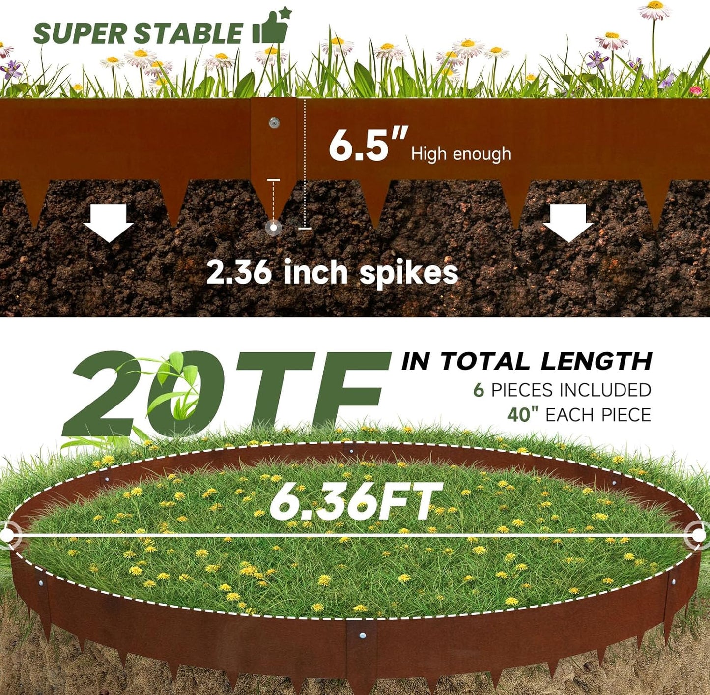 Corten Steel Landscape-40 LX 6" H Metal Garden Edging 20FT Total Rusted Lawn Edging 6 Pcs-No-Dig Hammer Heavy Duty Steel Edging-Bendable Border Strips for Lawn Yard Courtyard Pathway-6 Clips