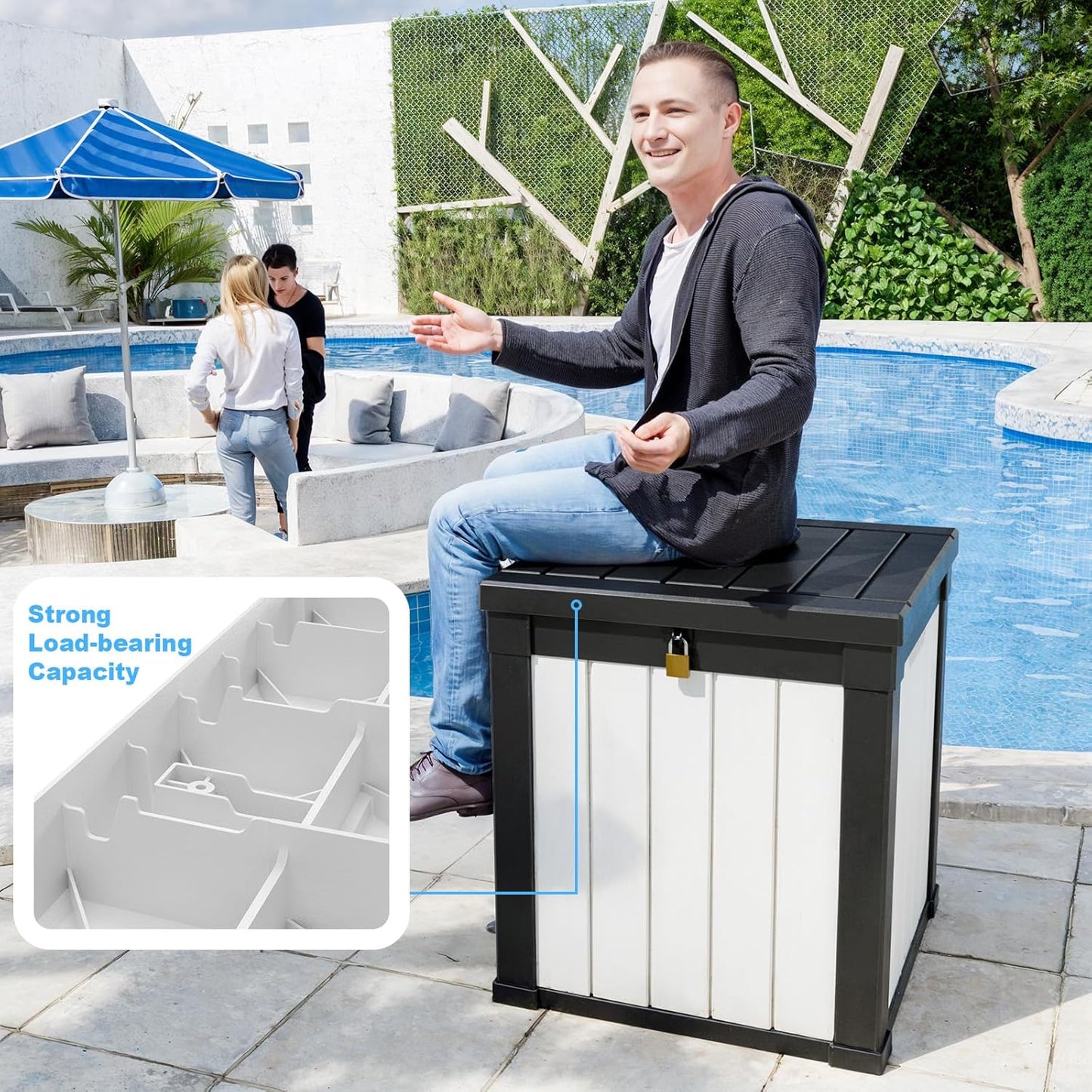 50 Gallon Outdoor Deck Box,Storage Lockable Waterproof Patio Furniture,Garden Tools,Cushions,Pool Accessories Outside Storage Resin Box(Black&White)