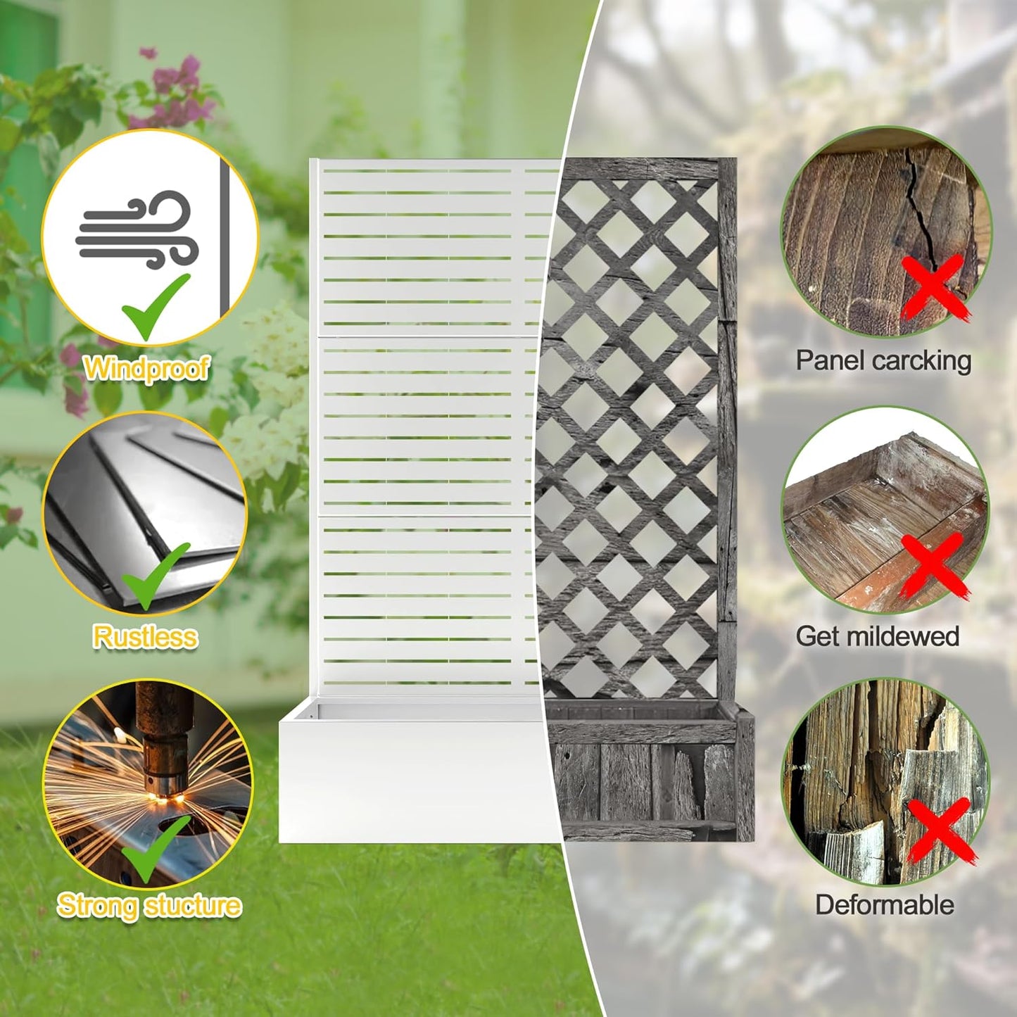 FENCY Metal Raised Garden Bed with Trellis, Metal Planter Box with Trellis, Garden Box for Climbing Plants Vegetable, 47" Lx16 Wx71 H Garden Bed with Drainage Holes(White-Louvered)