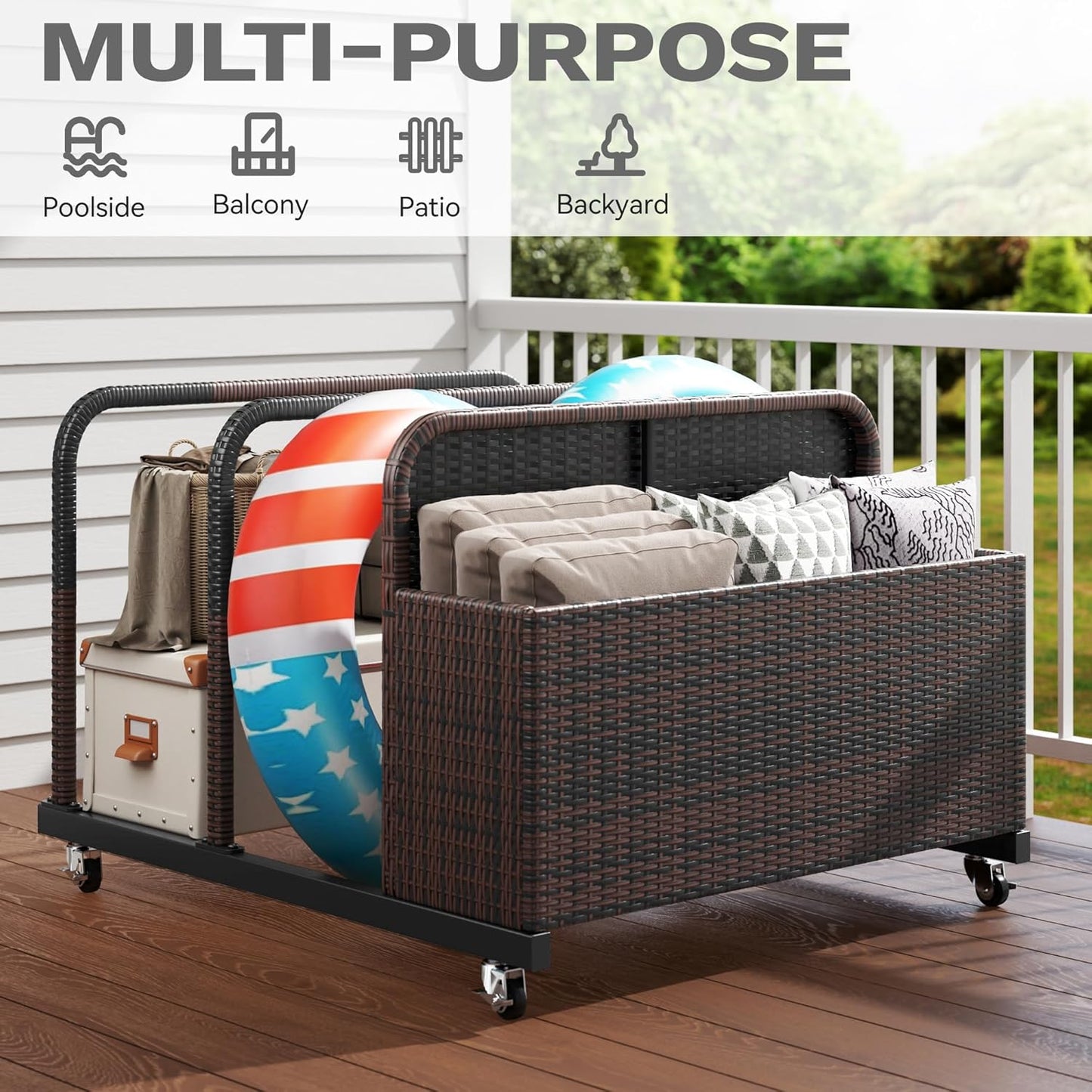 DWVO Pool Float Storage, Pool Storage Bin with PE Rattan,Pool Storage for cushions, Floaties, Noodles, Life Vests, Beach Balls, Patio Furniture (Brown)