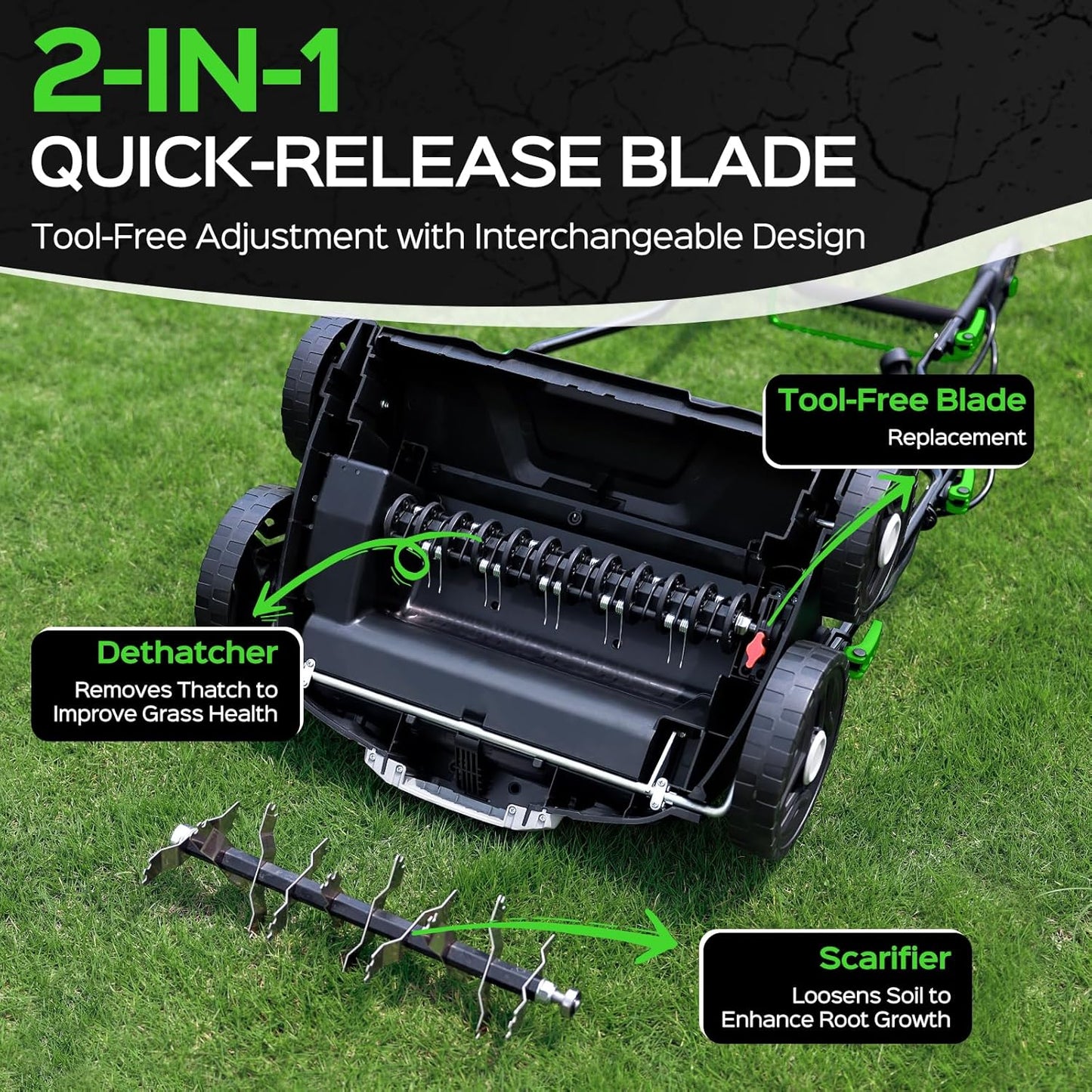 2025 Upgrade 16-Inch 15.5 Amp 2-in-1 Electric Dethatcher and Scarifier with 14.5-Gallon Collection Bag, Lawn Dethatcher with 5-Position Depth Adjustment, Keeps Lawn Healthy – Light Green