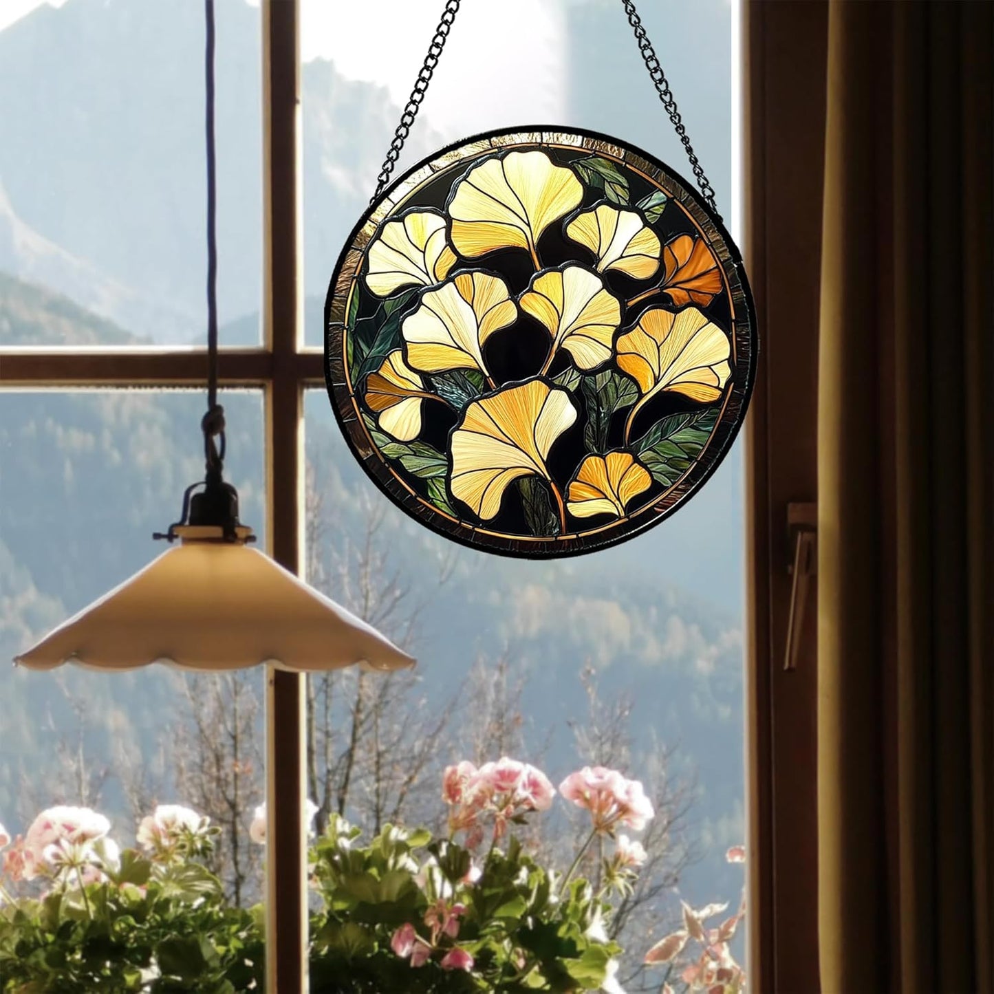 Stained Glass Window Hanging - Ginkgo Leaf Suncatcher for Doors Garden Patio Retro Fall Decor Sun Catchers Christmas Mother's Day Birthday Gifts for Women Men Mom Nana Friend 7.8 in