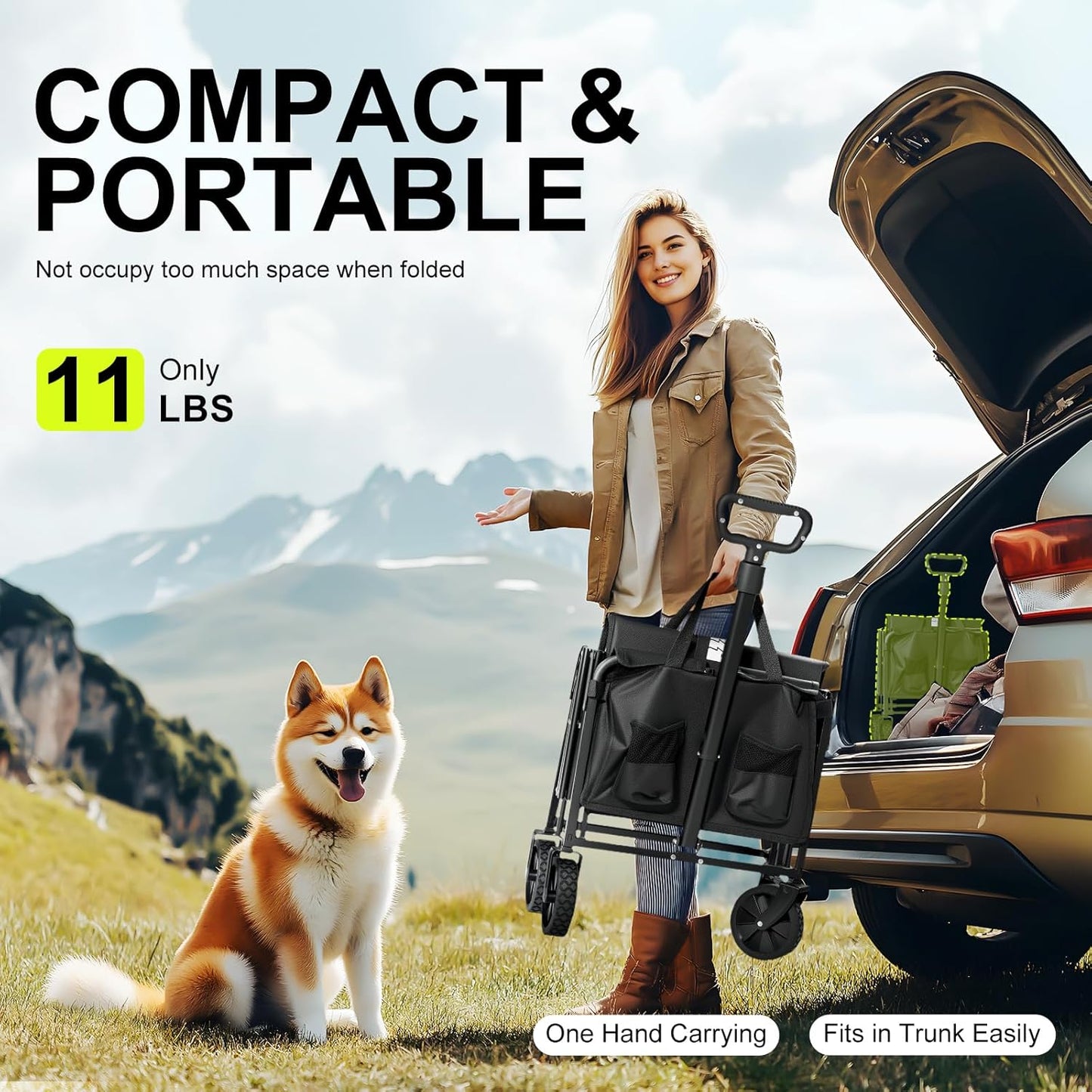 Collapsible Wagons Carts Foldable with Extended Tailgate, Folding Cart on Wheels, Portable Heavy Duty Shopping Carts for Groceries, Apartment, Garden, Camping, Fishing, Outdoor (Black)