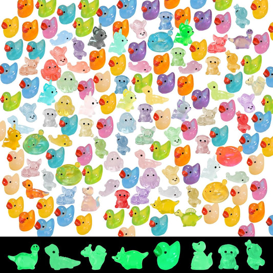 150 pcs Luminous Mini Resin Animal, Resin Ducks Figurines Glow in The Dark for Fairy Garden Accessories Miniature Figurines Aquarium Potted Decor - 11 Styles