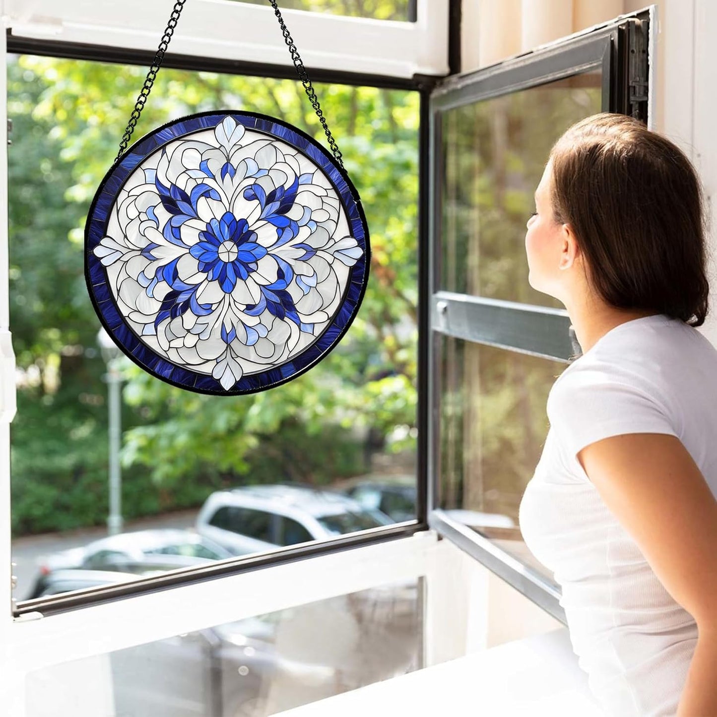 Stained Glass Window Hanging - Blue White Boho Flower Suncatcher for Door Garden Yard Sun Catchers Decor Christmas Mother's Day Birthday Gifts for Women Mom Nana Friend Teacher 9.8 in