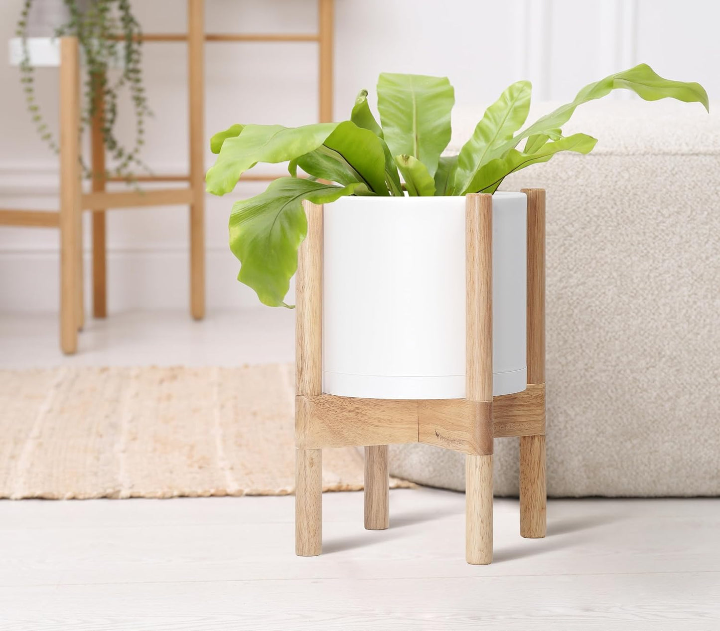 D'vine Dev Planter Pot with Stand - 8 Inch Plastic Cylinder Flower Pot with Wood Planter Holder for Indoor, Matte White Pot + Natural Stand, 55-C-J-1