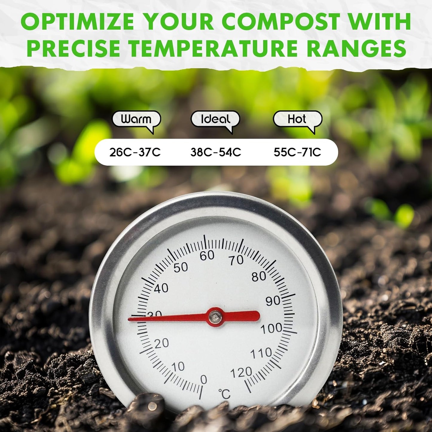 Fishnure - 20” Compost Thermometer, Indoor & Outdoor Thermometer Probe for Composting Bin Heaps, with 1.8” Diameter Celsius Dial & Temperature Gauge, Complements The Compost Starter