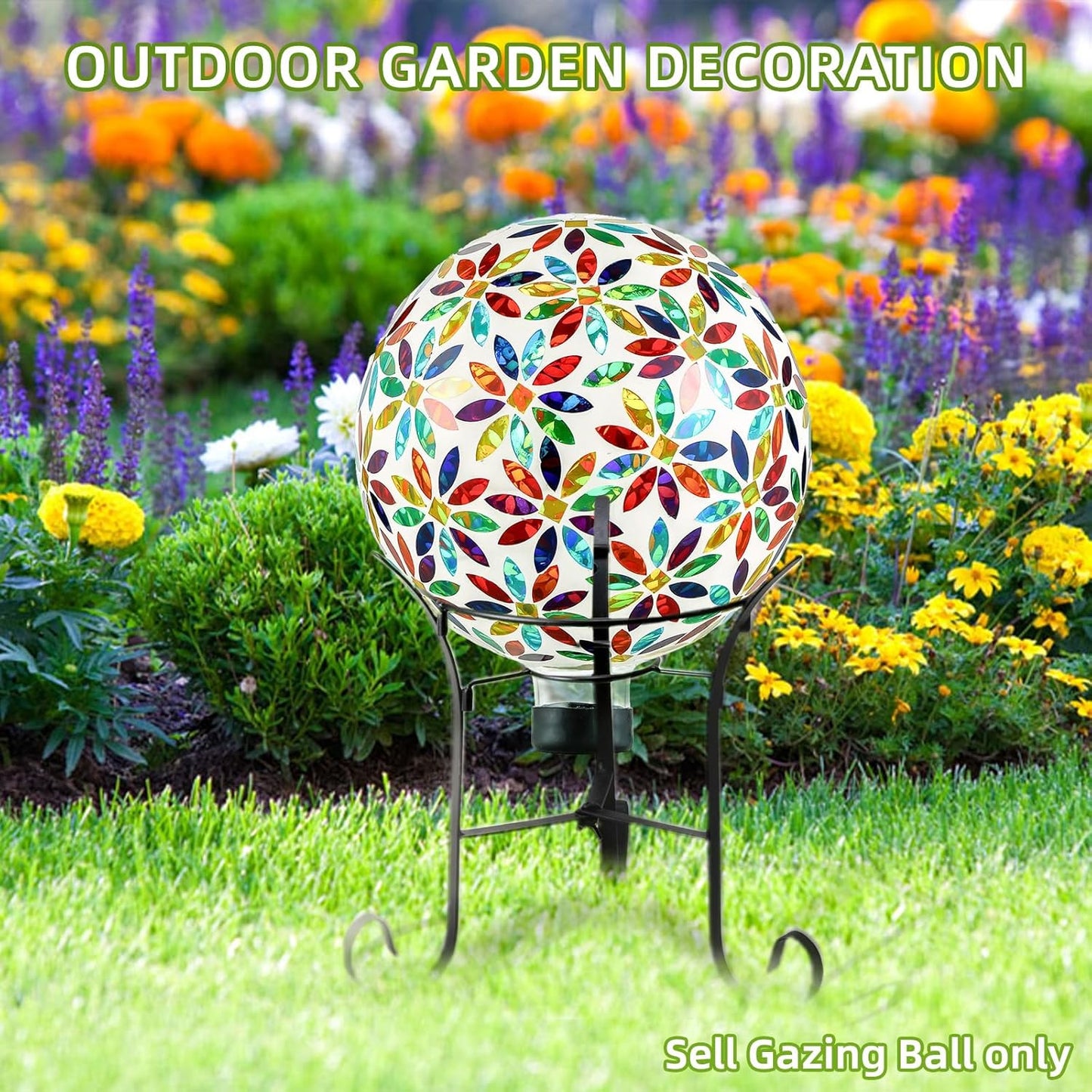 VOREEN Mosaic Glass Gazing Ball Outdoor Gazing Globe, Handmade Reflective Ball Yard Decoration for Homes, Patio, Lawn and Gardens, Gift for Mom Wife Friend, 10-Inch, Multi Colored Flowers Design
