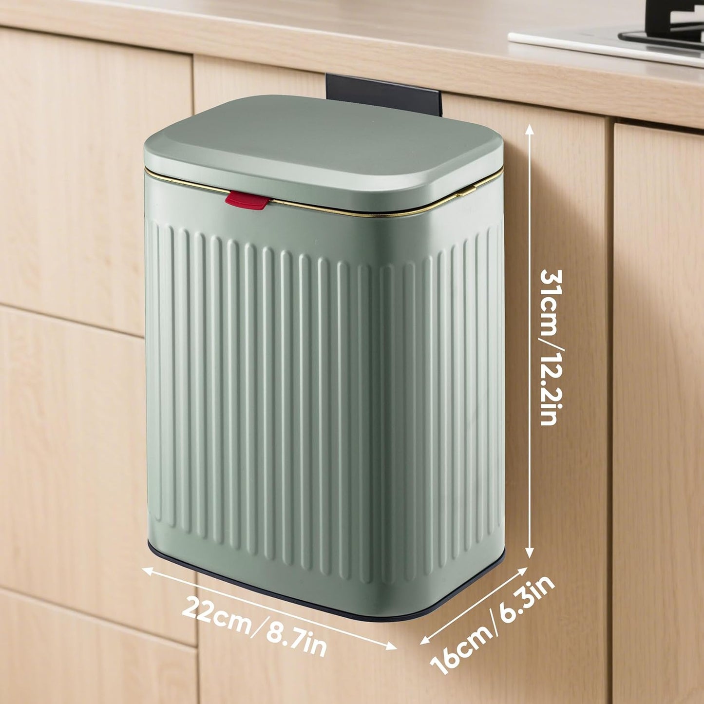 2.11Gallon 8L Carbon Steel Trash Can Door Compost Bin Wall Mounted 2 Ways Sliding Lid Compost Bin Countertop Kitchen Hanging Cabinet Door Trash Bin Metal Garbage Bin Cubo de BasuraGreen