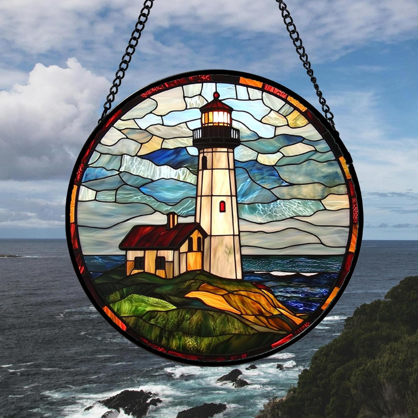 Stained Glass Window Hanging, Ocean Lighthouse Sun Catchers Glass Panel Blue Green Suncatcher Decor for Birthday for Women, Men, Wife, Aunt, and Mom 14.9x14.9 in