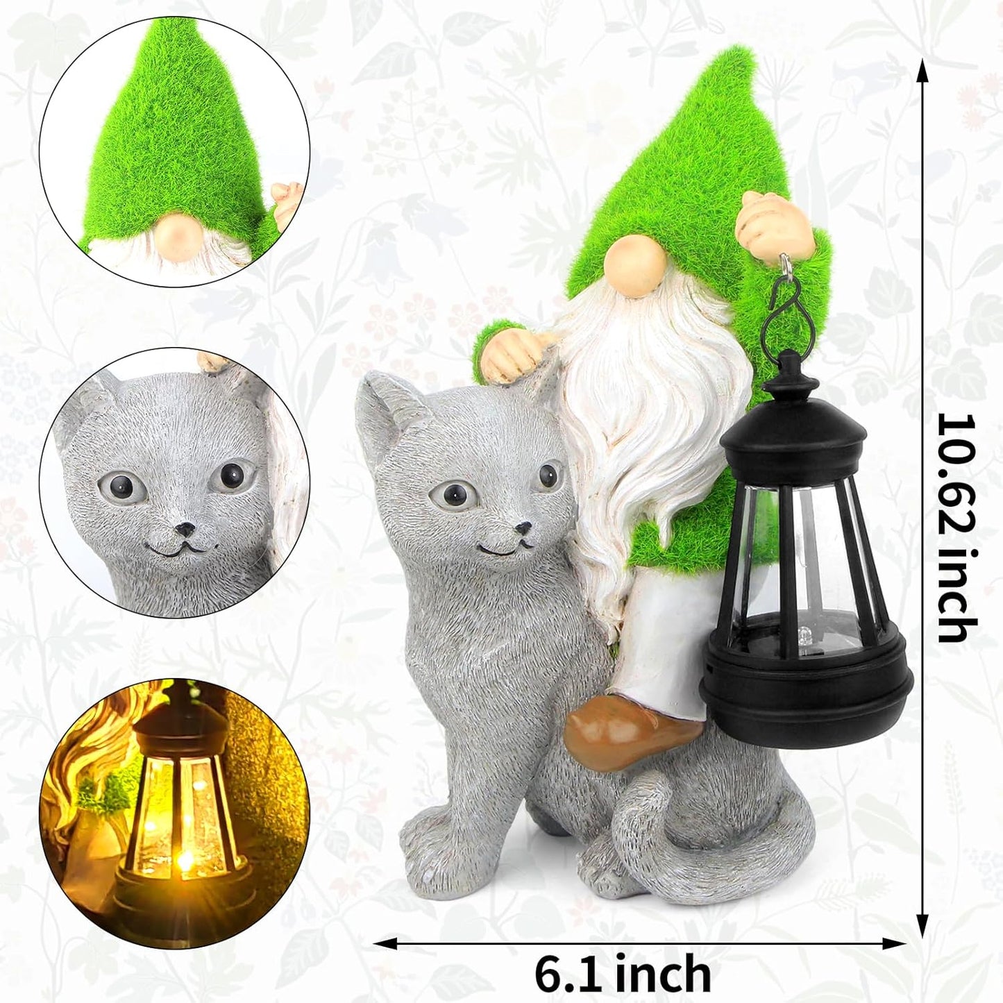 Garden Cat Gnome Decorations for Yard with Solar Lights,Resin Flocked Gnome Figurine Holding Latern,Outdoor Gnomes Decorations for Yard Patio Lawn Porch, Garden Gifts for Mom