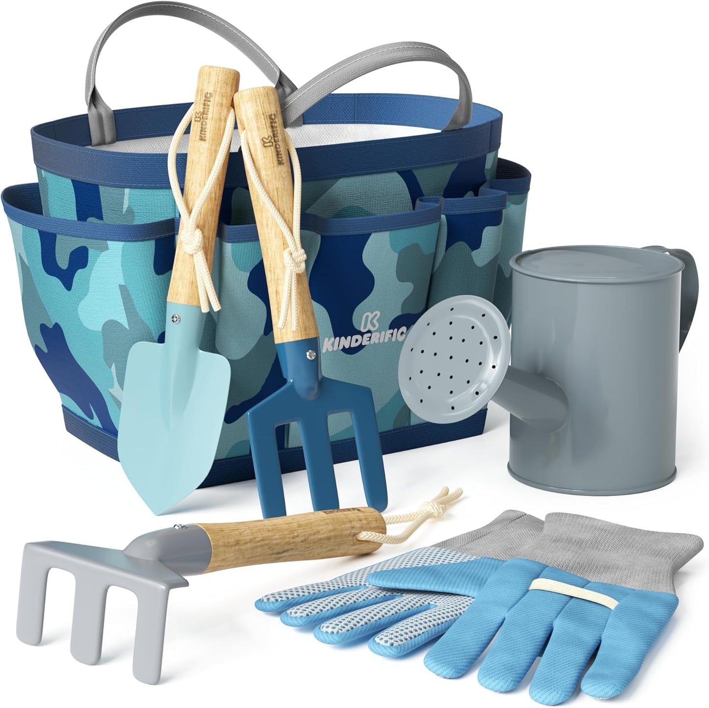 Gardening Set, Tool Kit, for Kids, STEM, Includes Tote Bag, Spade, Watering Can, Rake, Fork, Trowel and Gloves (Camo Quest)