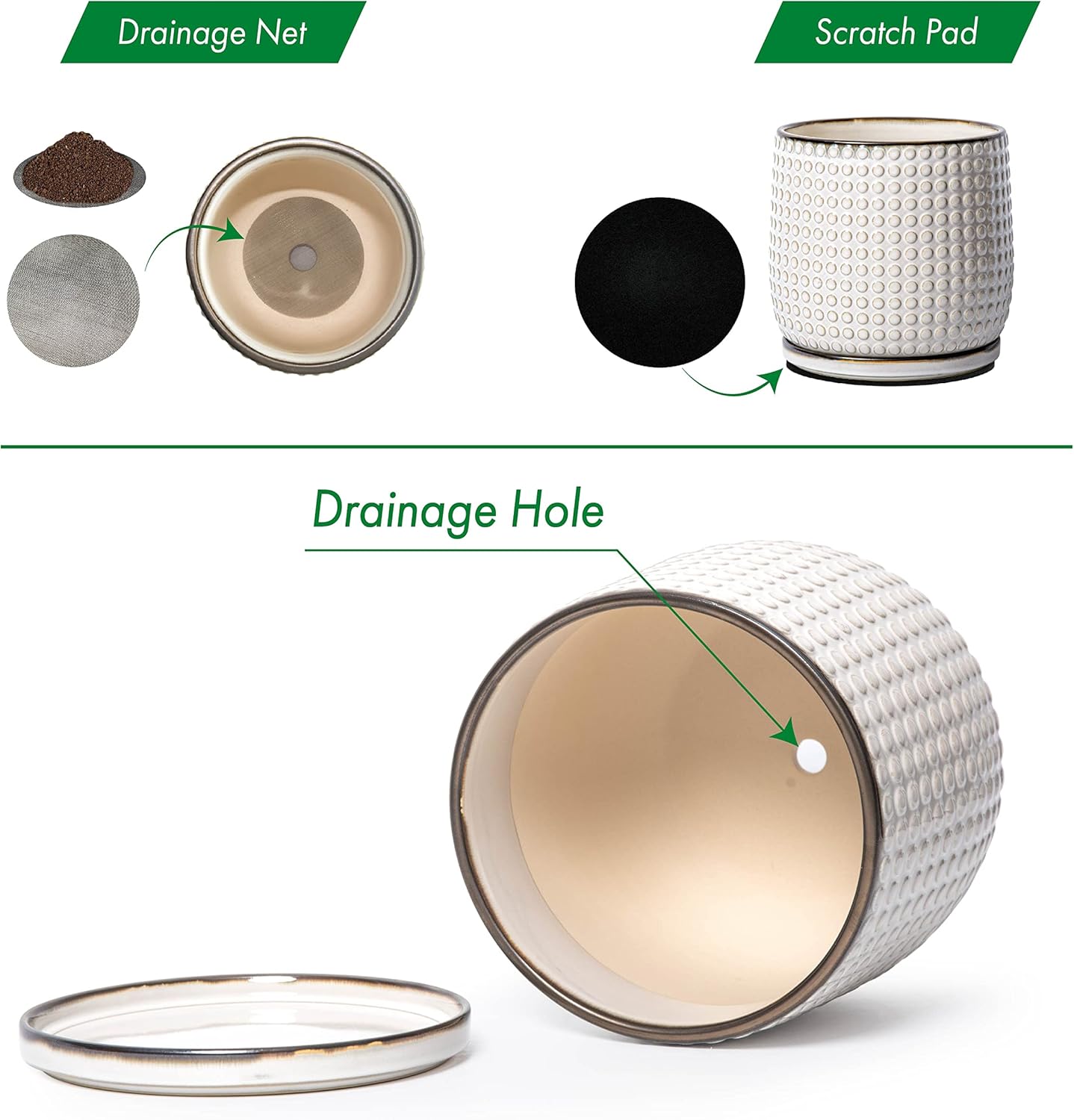 D'vine Dev 8 Inch Ceramic Beaded Stoneware Planter Pot - Flower Pot with Drainage Holes and Saucers for Indoor Succulent Plants or Flowers, Smoked White, 27-C-Q-1