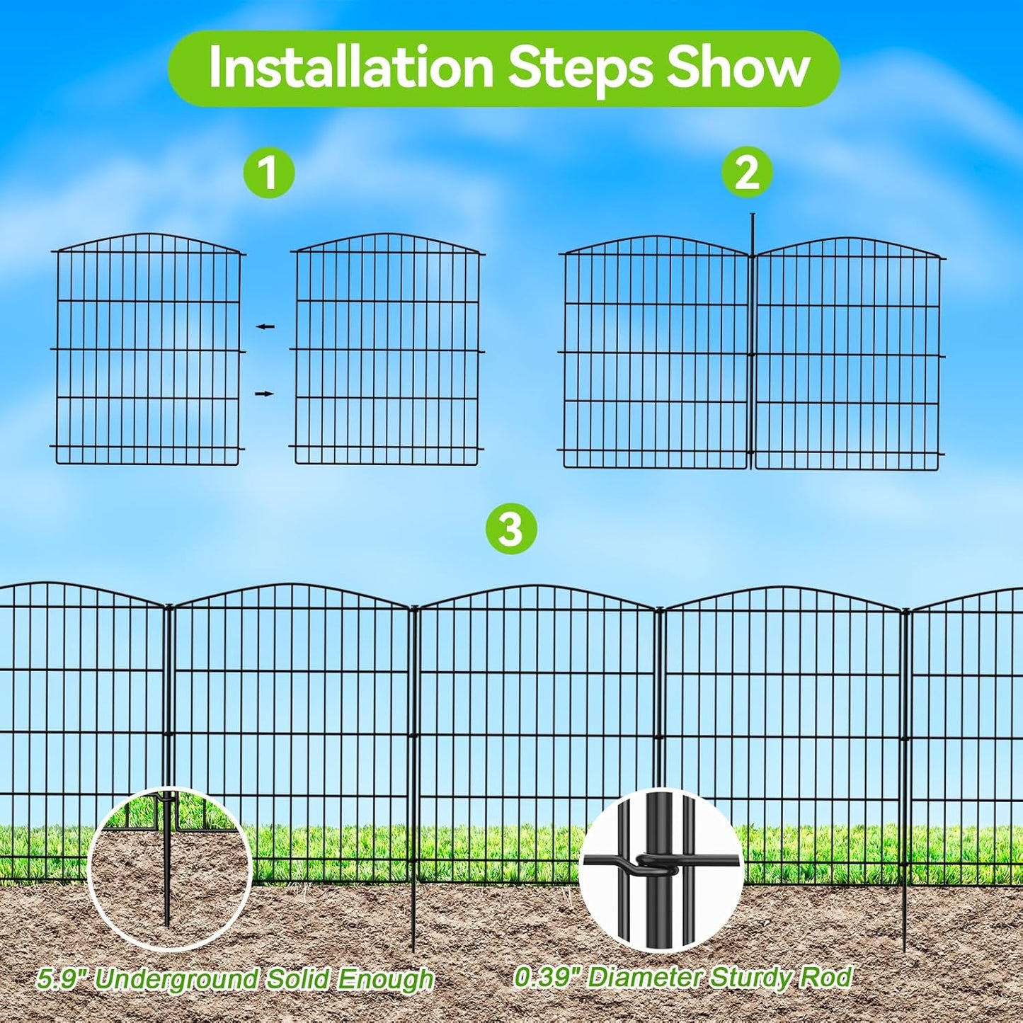 INJOPEXI Garden Fence 6 Panels 11.8ft (L)×30in (H) Decorative Garden Fences with 6 Panels Rustproof Wire No Dig Garden Fence Animal Barrier Fencing Outdoor for Backyard Patio - Without Fence Gate