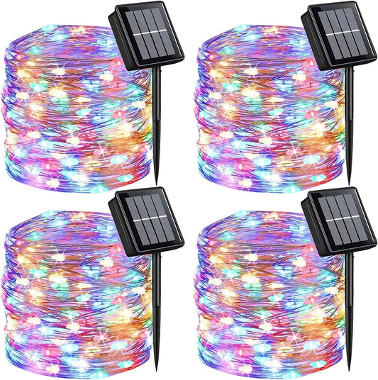 QITONG 4 Pack Multicolor Solar Fairy Lights Outdoor Waterproof, Each 33ft 100 LED Christmas String Lights, 8 Modes Silver Wire Mini Twinkle Lights