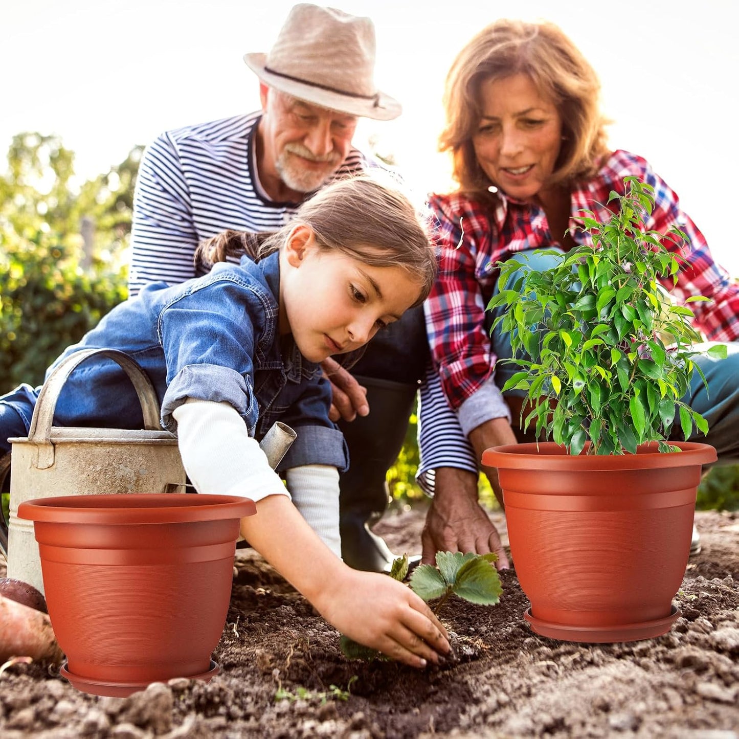 12 Pack 12'' Plastic Plant Pots Round Planter Pots with Saucer Tray Seedling Pots with Holes Seed Resin Plant Pot Starting Nursery Flower Container with Pallet for Garden Outdoor Indoor