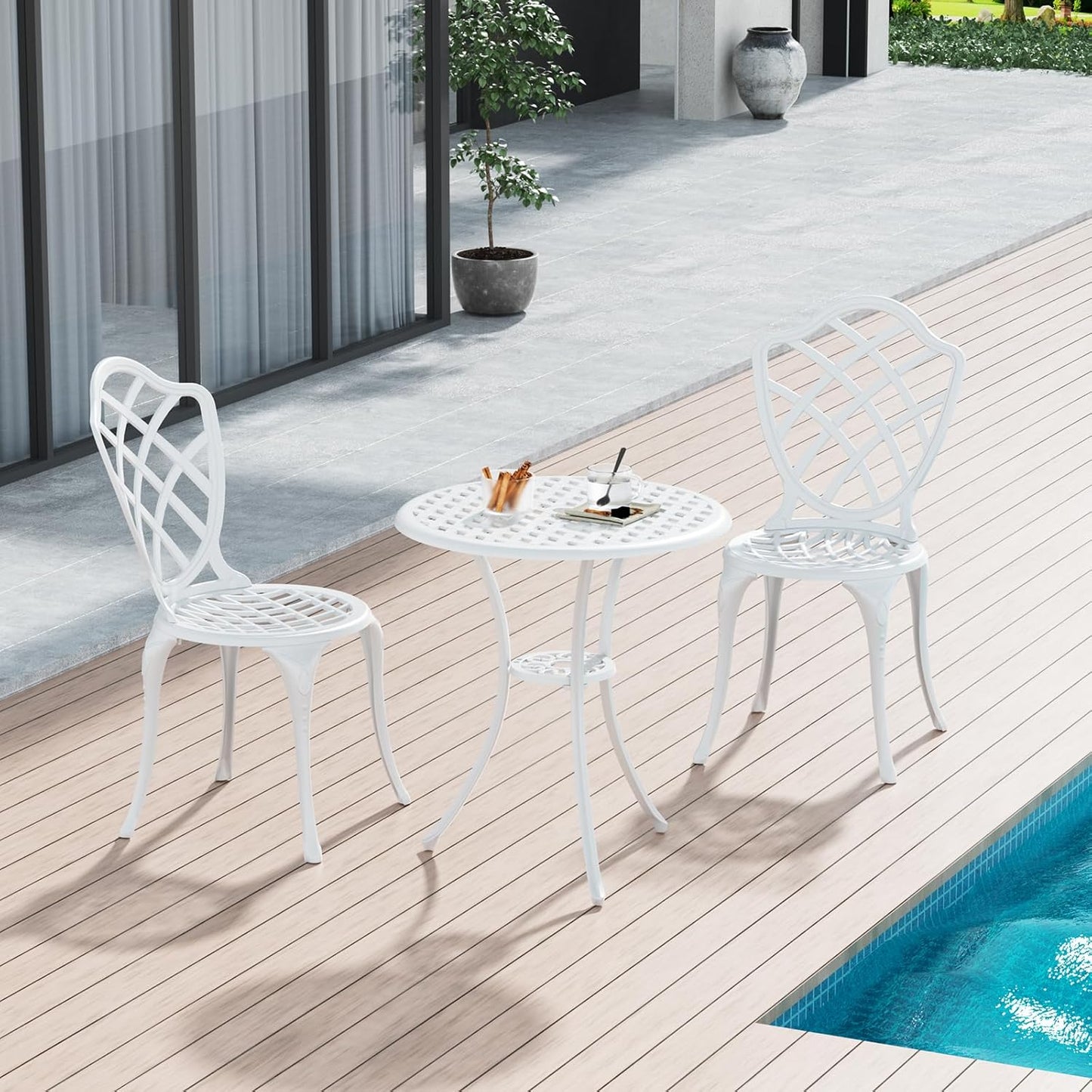 3 Piece Patio Bistro Set, Outdoor Bistro Table and Chairs Set of 2 w/Umbrella Hole, Rust-Resistant Cast Aluminum Bistro Set for Garden/Balcony/Backyard, White